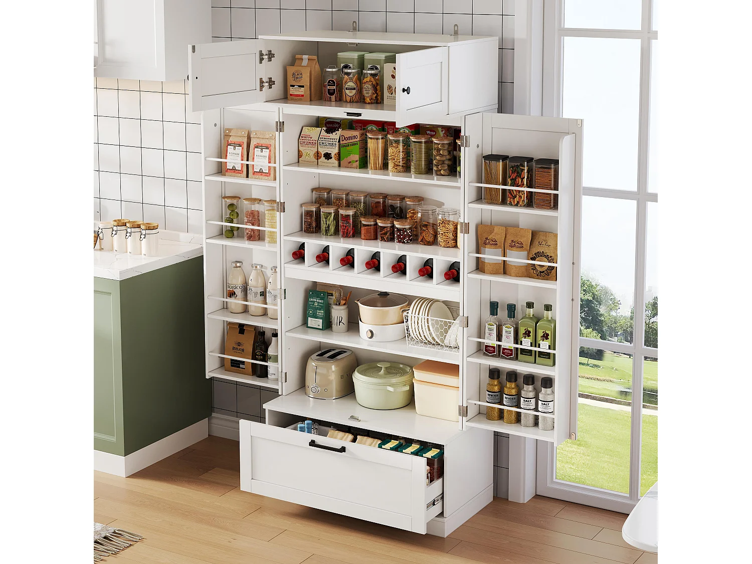 Kitchen sideboard 80x40x180cm - with adjustable shelves and a wine rack - with 1 drawer and 4 doors - White