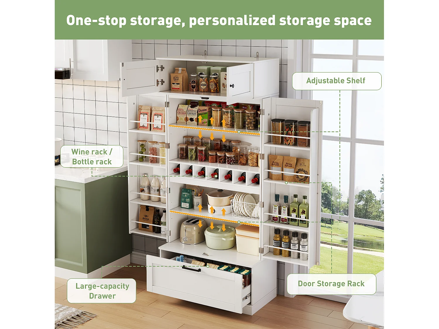 Kitchen sideboard 80x40x180cm - with adjustable shelves and a wine rack - with 1 drawer and 4 doors - White