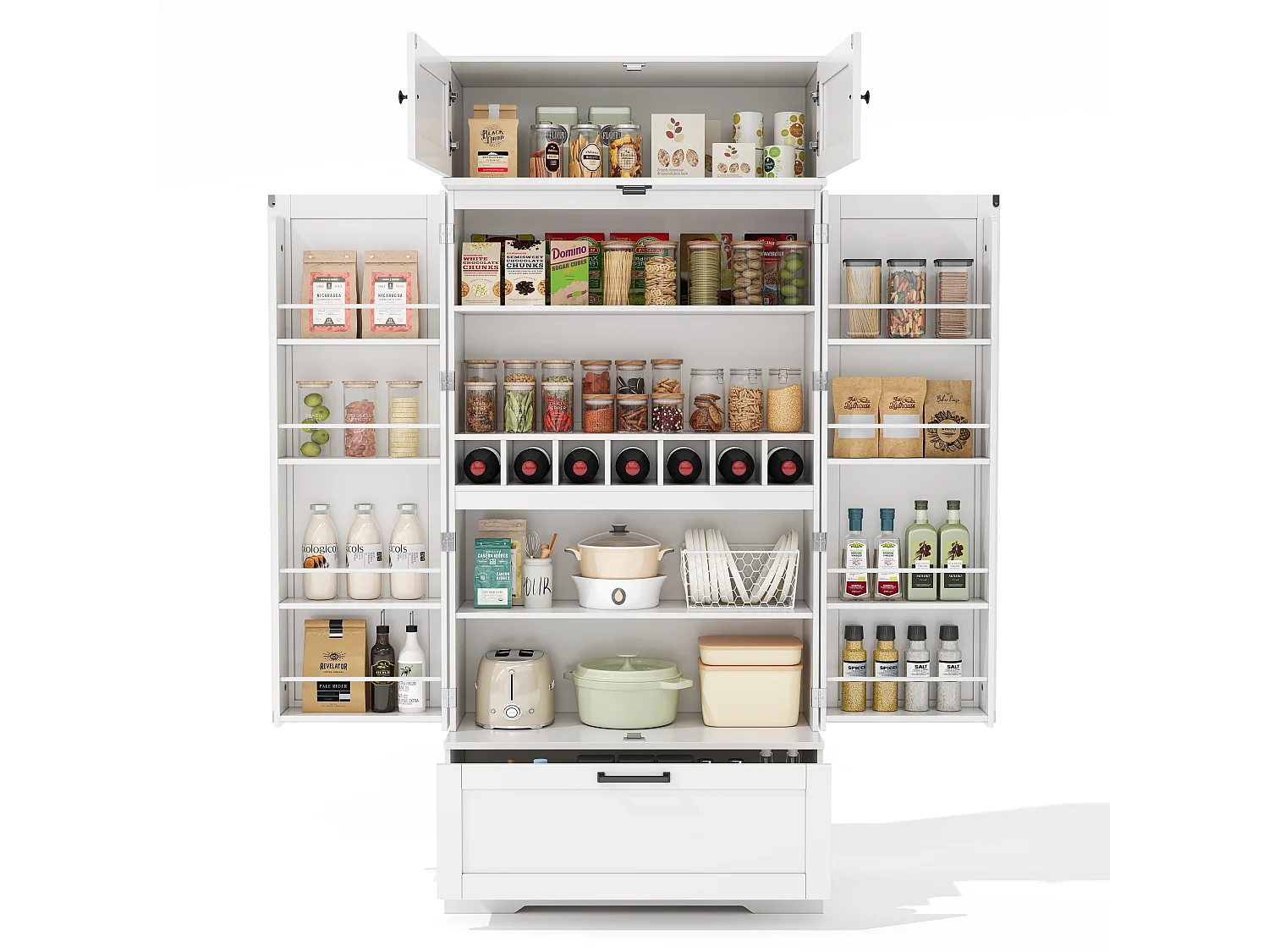 Kitchen sideboard 80x40x180cm - with adjustable shelves and a wine rack - with 1 drawer and 4 doors - White