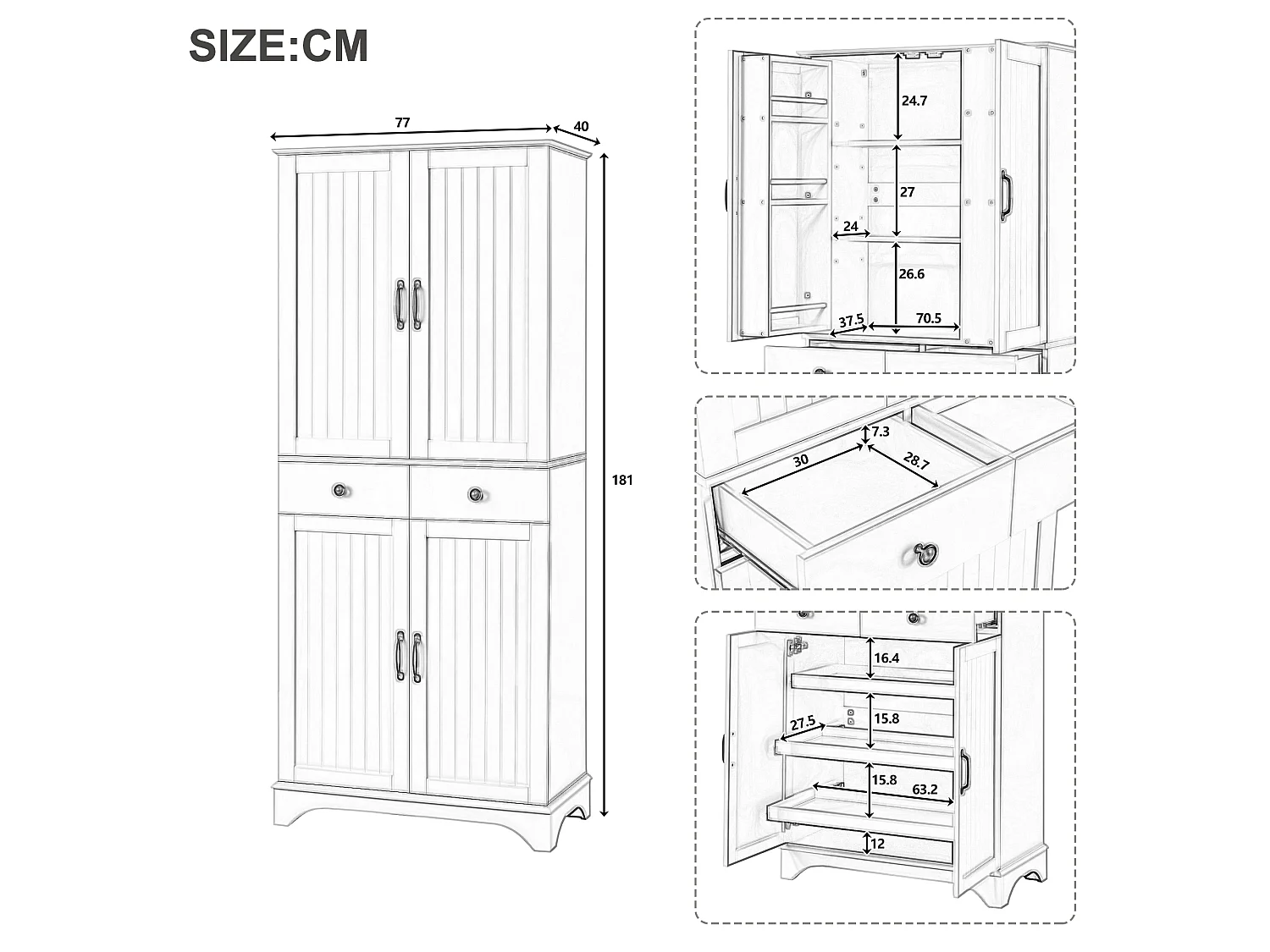 Armoire haute avec 2 tiroirs et étagères coulissantes - Gris