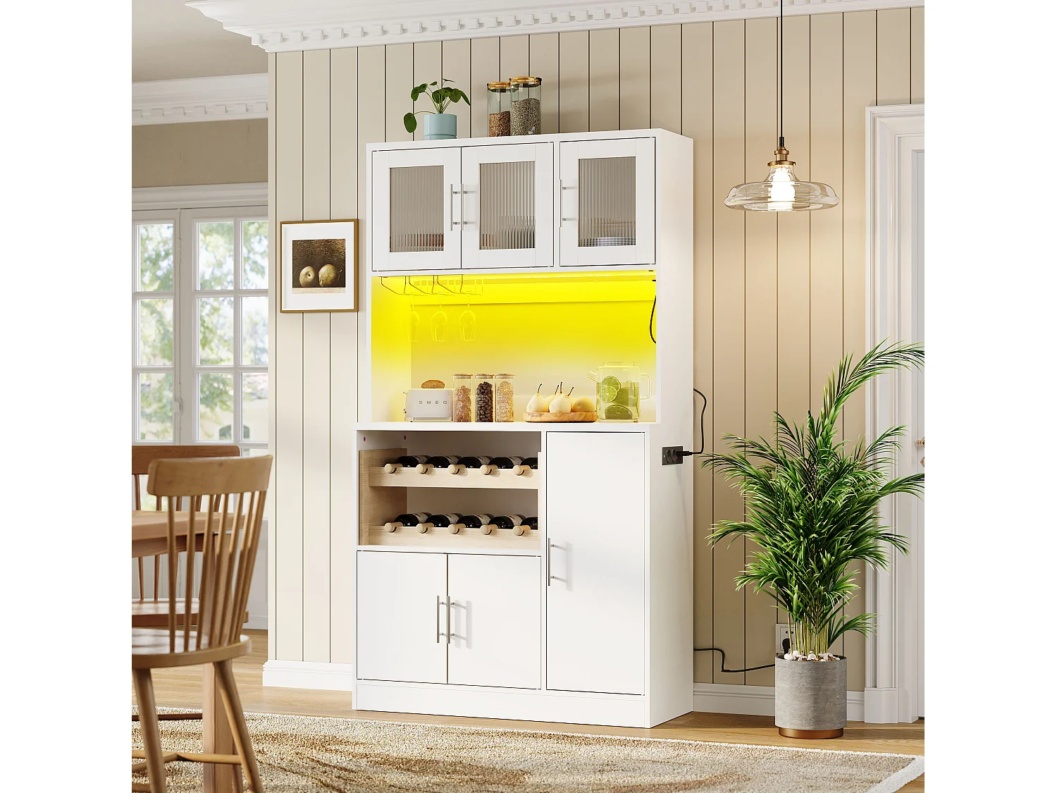 Buffet de cuisine blanc avec LED, prise électrique et casier à vin 100 x 40 x 180 cm