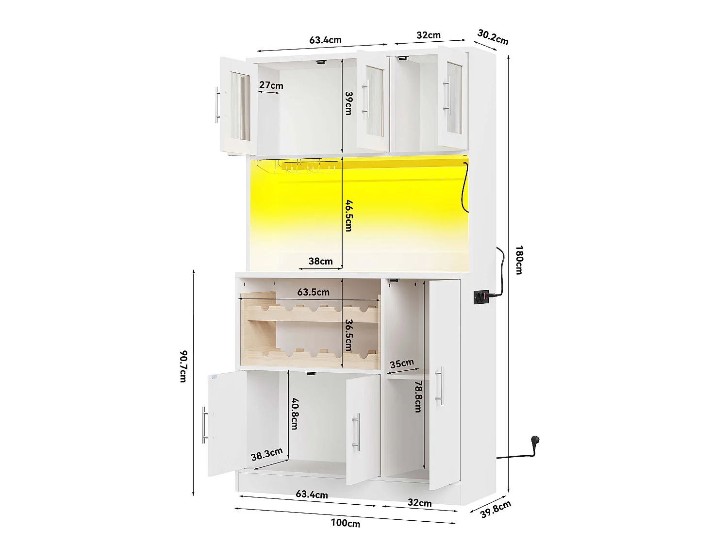 Buffet de cuisine blanc avec LED, prise électrique et casier à vin 100 x 40 x 180 cm