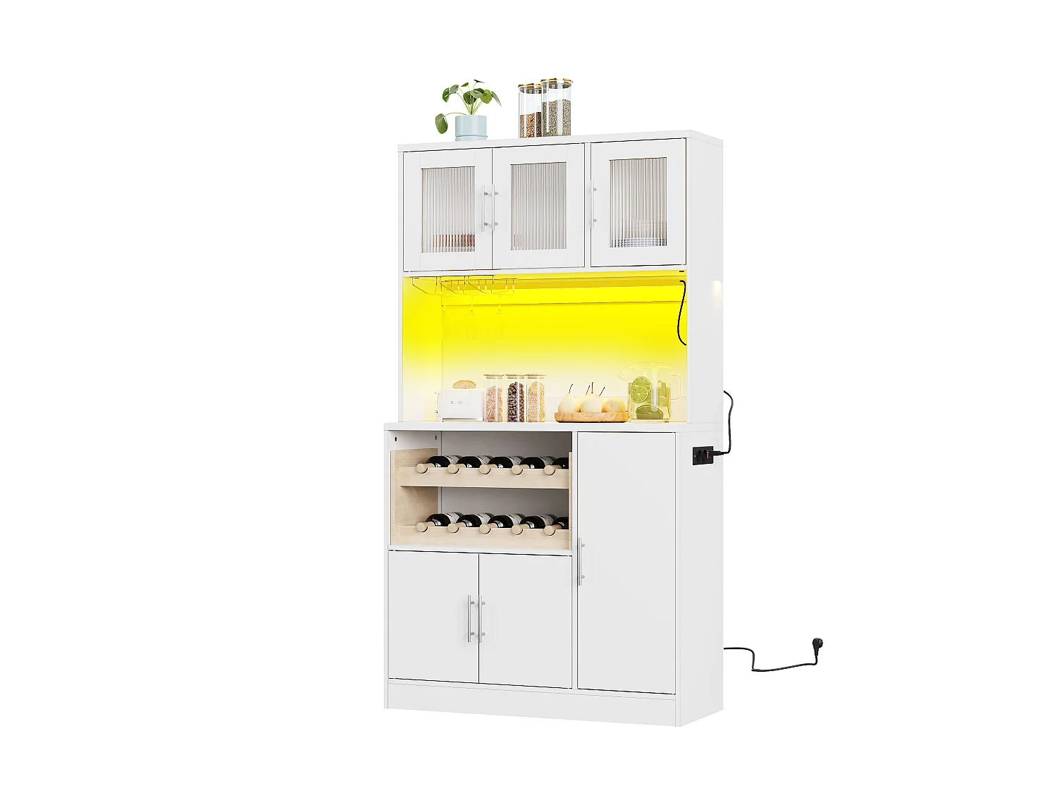 Buffet de cuisine blanc avec LED, prise électrique et casier à vin 100 x 40 x 180 cm