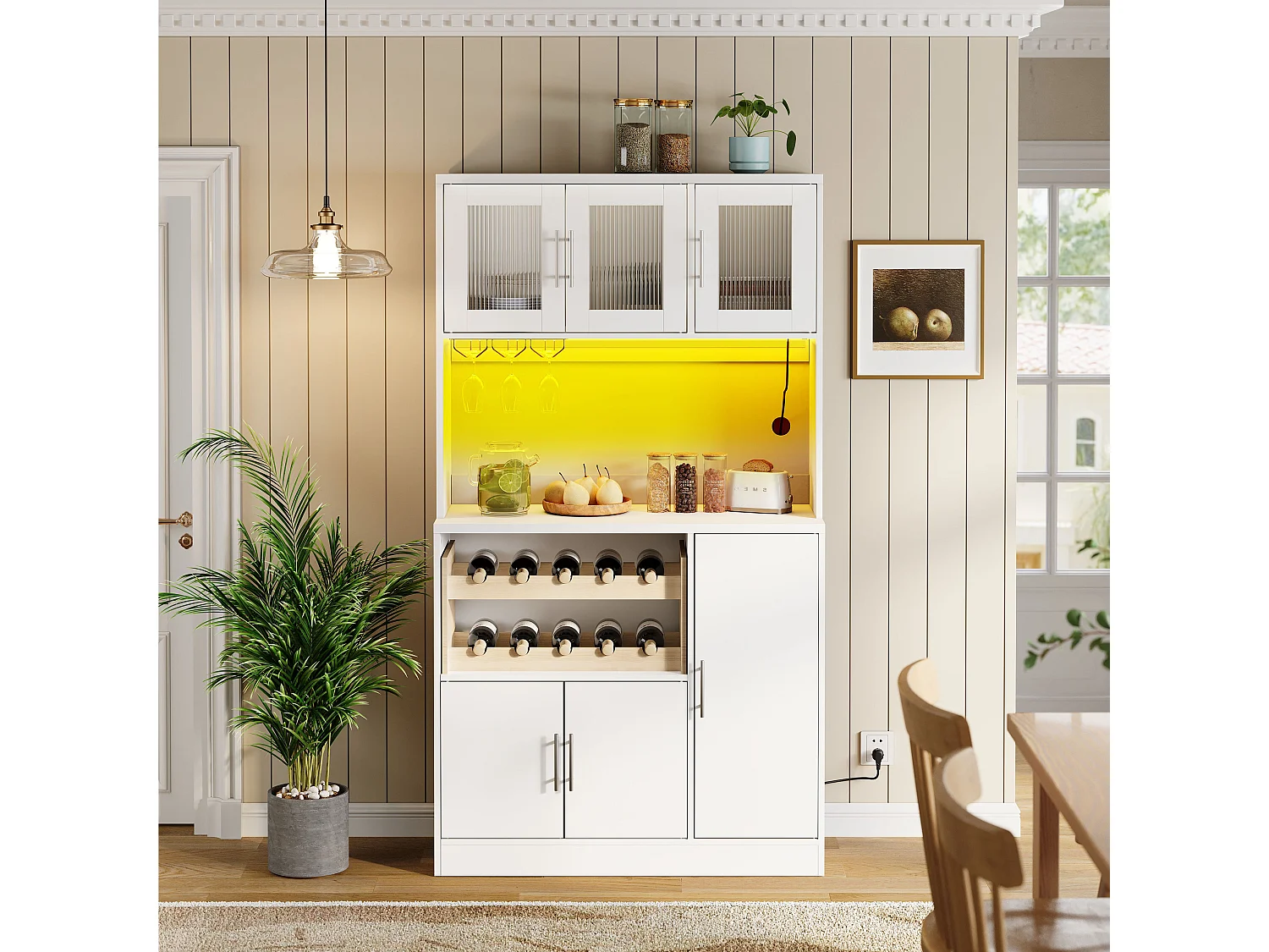 Buffet de cuisine blanc avec LED, prise électrique et casier à vin 100 x 40 x 180 cm