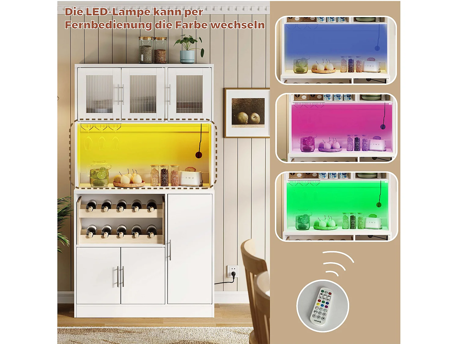 Buffet de cuisine blanc avec LED, prise électrique et casier à vin 100 x 40 x 180 cm