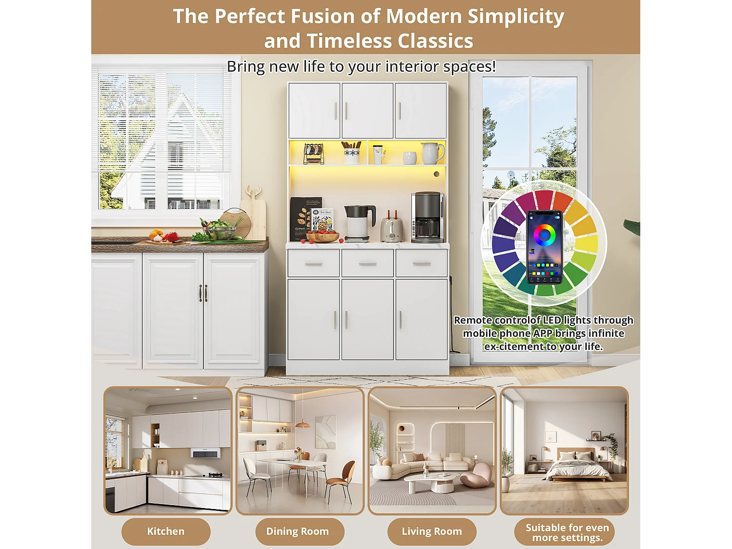 Kitchen sideboard with LED lighting - 6 doors, 3 drawers and 3 open compartments - White