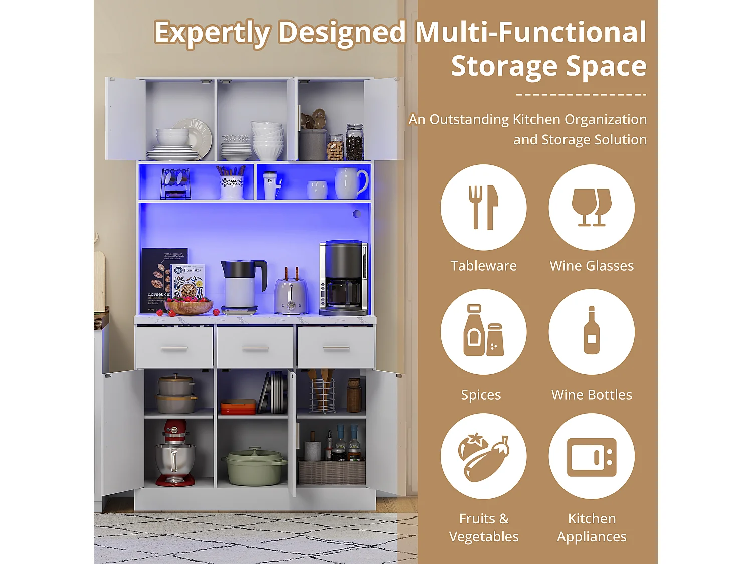 Kitchen sideboard with LED lighting - 6 doors, 3 drawers and 3 open compartments - White