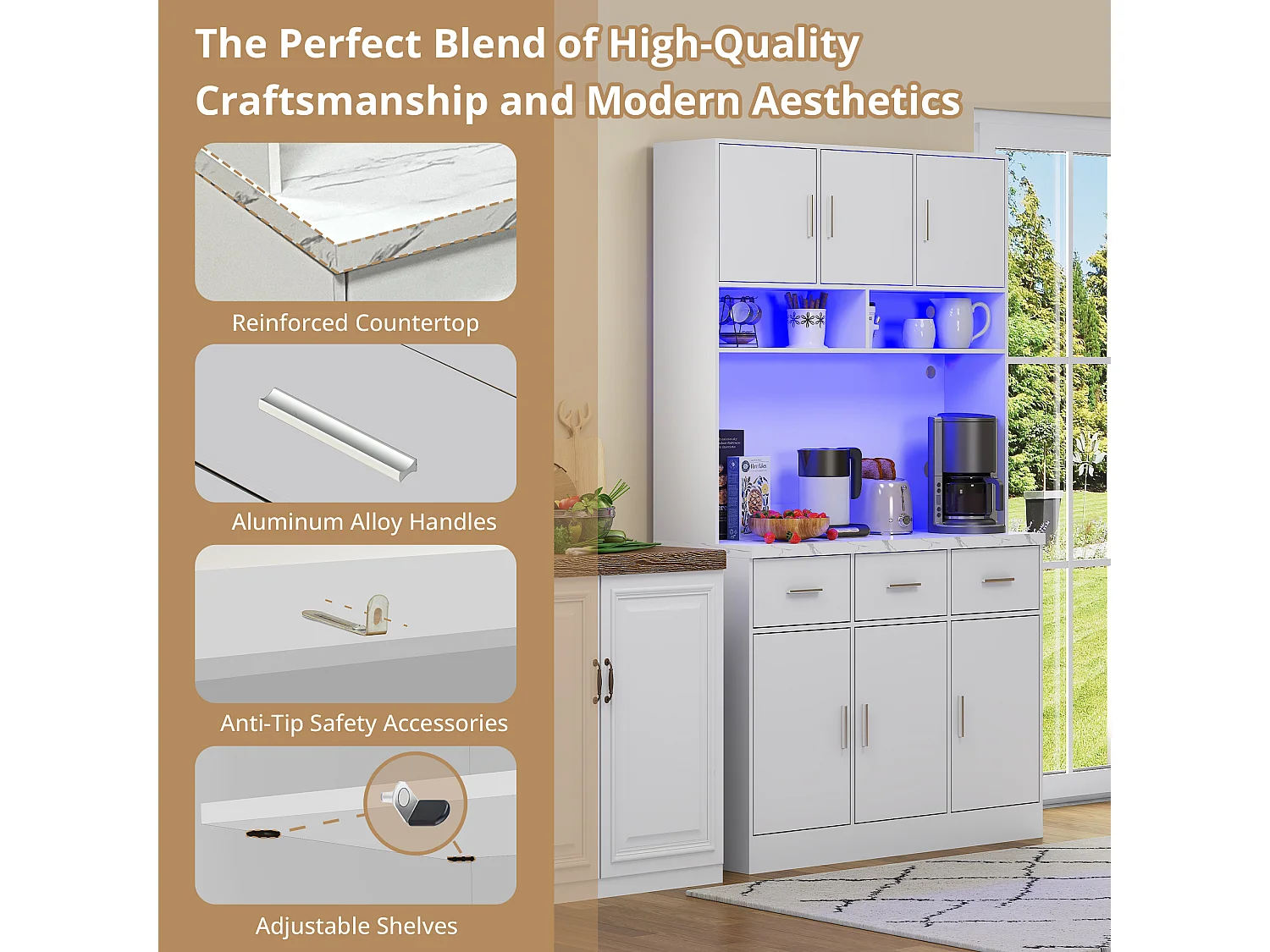 Kitchen sideboard with LED lighting - 6 doors, 3 drawers and 3 open compartments - White