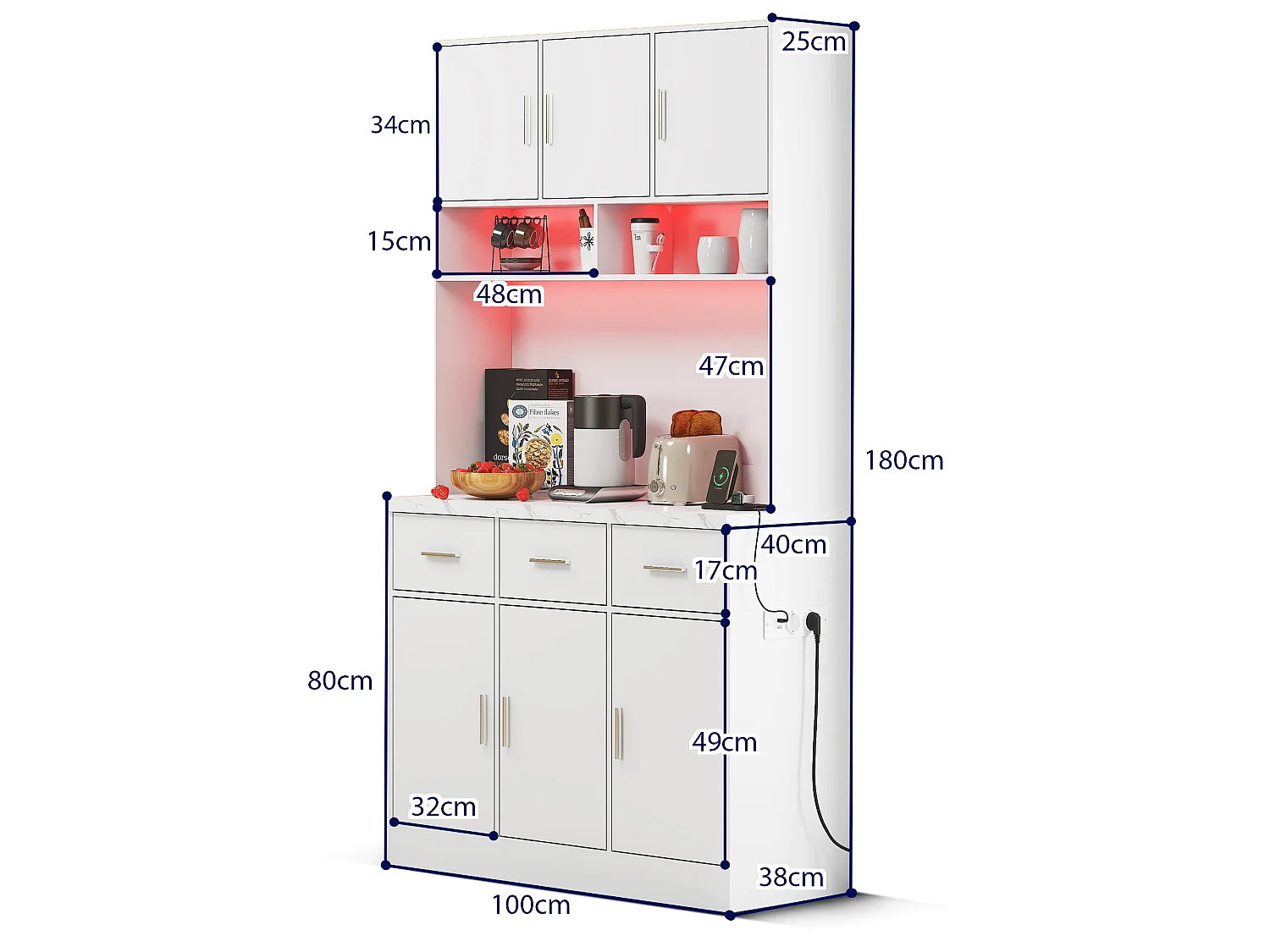 Kitchen sideboard with LED lighting - 6 doors, 3 drawers and 3 open compartments - White