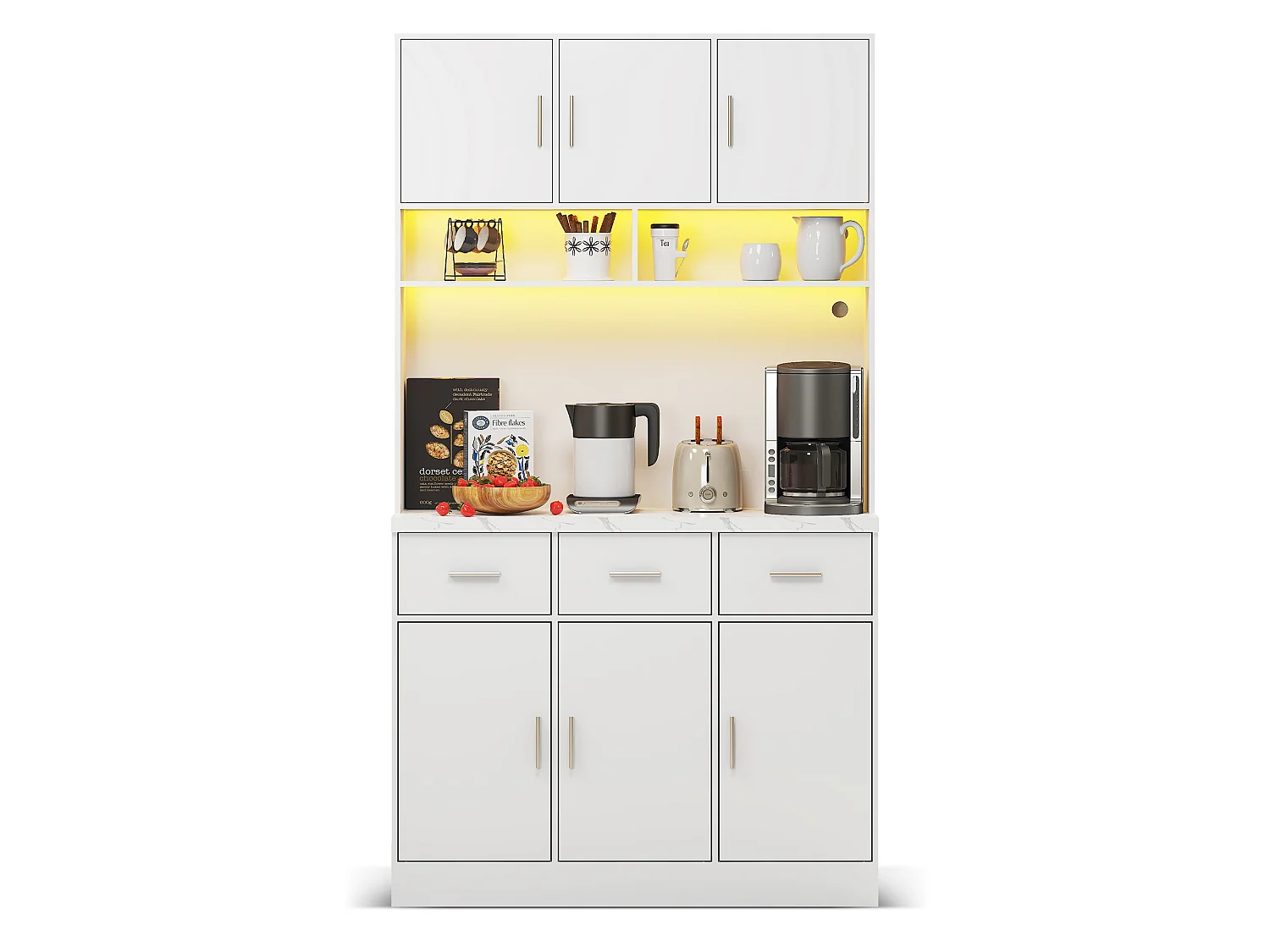 Kitchen sideboard with LED lighting - 6 doors, 3 drawers and 3 open compartments - White
