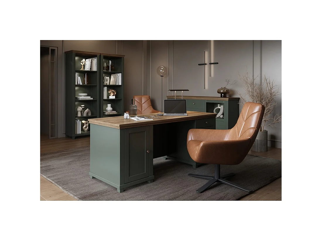 Biblioteca ASSIA verde scuro e legno 71 cm - 5 nicchie aperte - Eleganza sobria e design