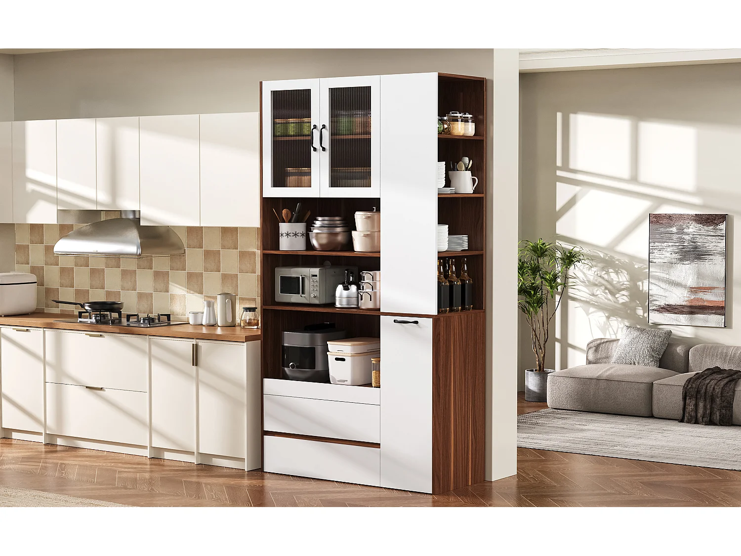 Buffet de cuisine avec tiroirs et portes verre - Blanc et marron 100x40x200 cm