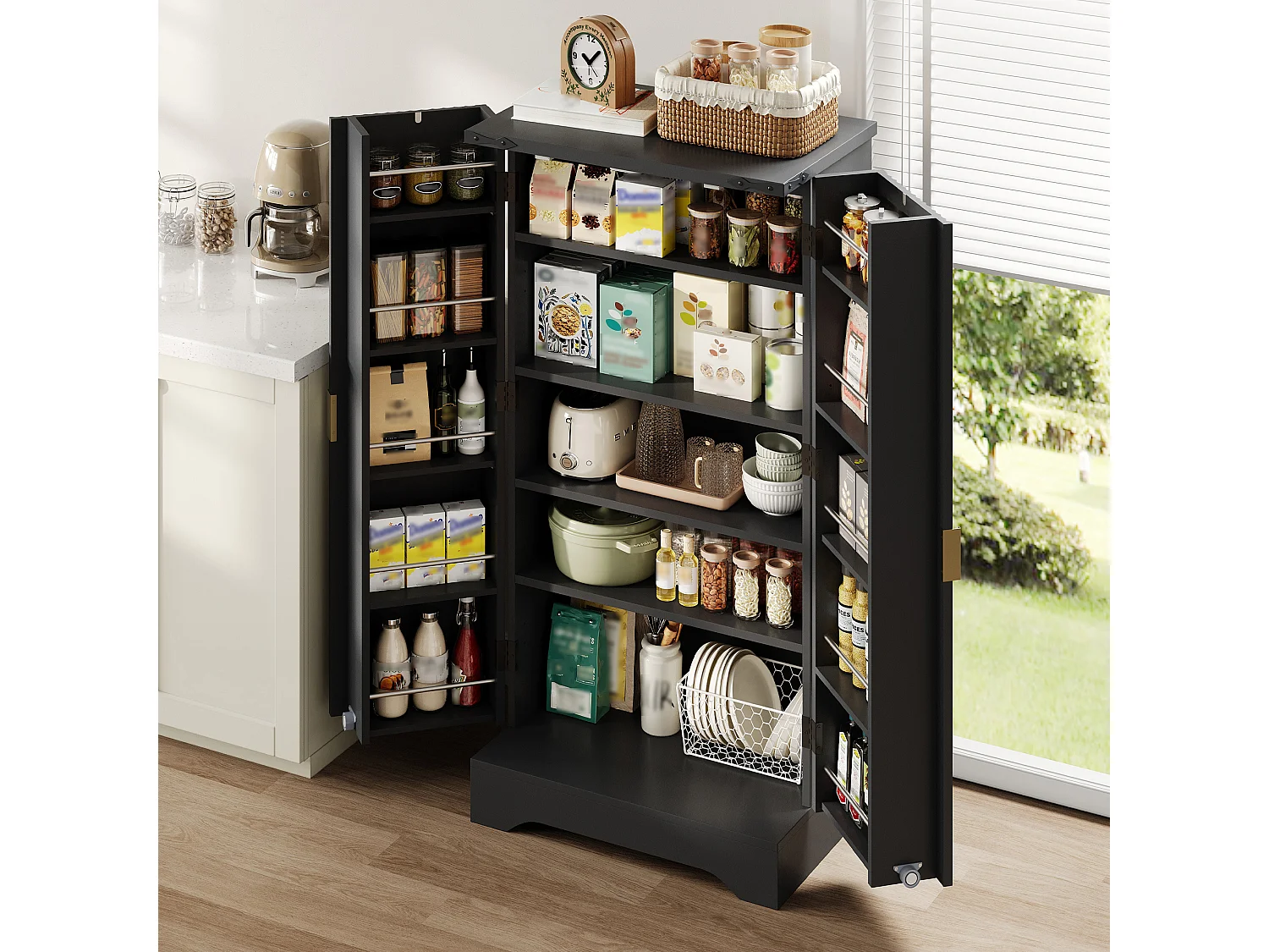 Buffet haut avec LED , 2 portes et étagères réglables – Noir 60,5 x 40 x 120 cm