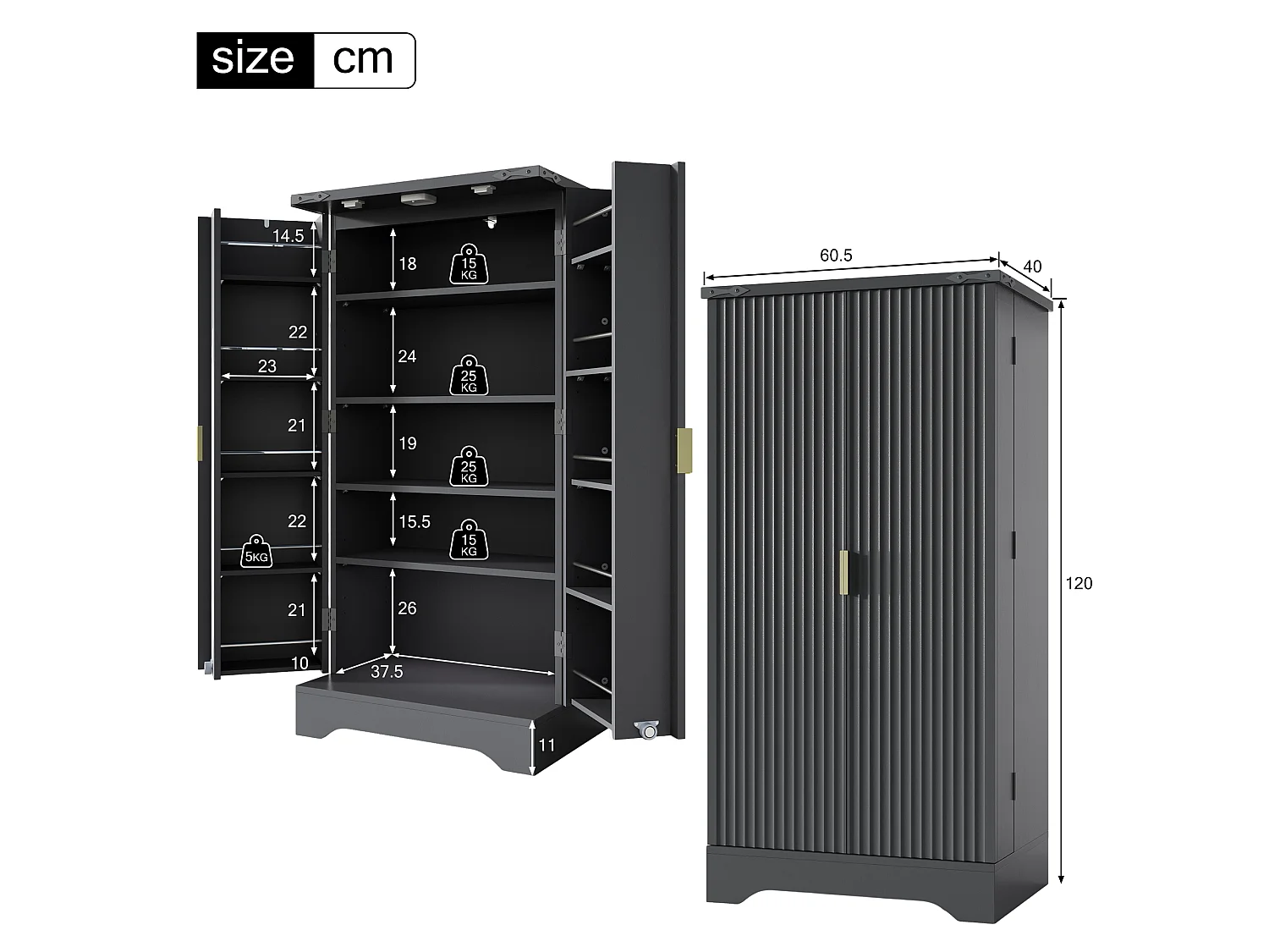 Buffet haut avec LED , 2 portes et étagères réglables – Noir 60,5 x 40 x 120 cm