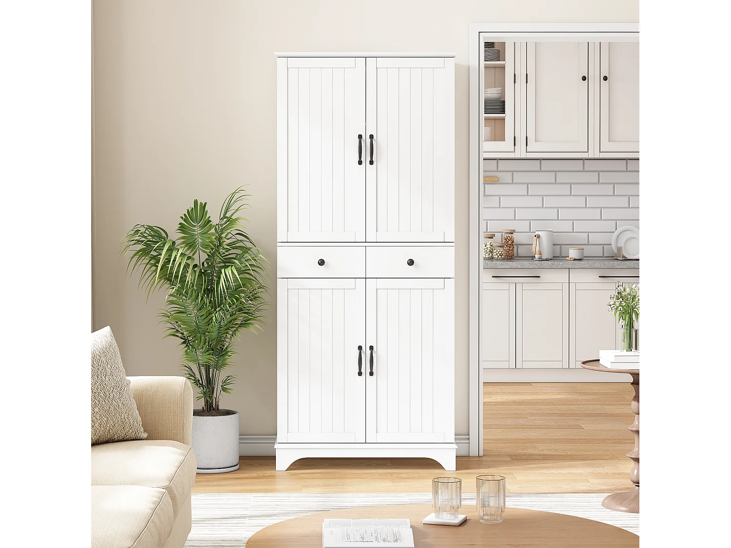 Armoire haute blanc avec 2 tiroirs et étagères coulissantes - Pour salle à manger, salon et cuisine