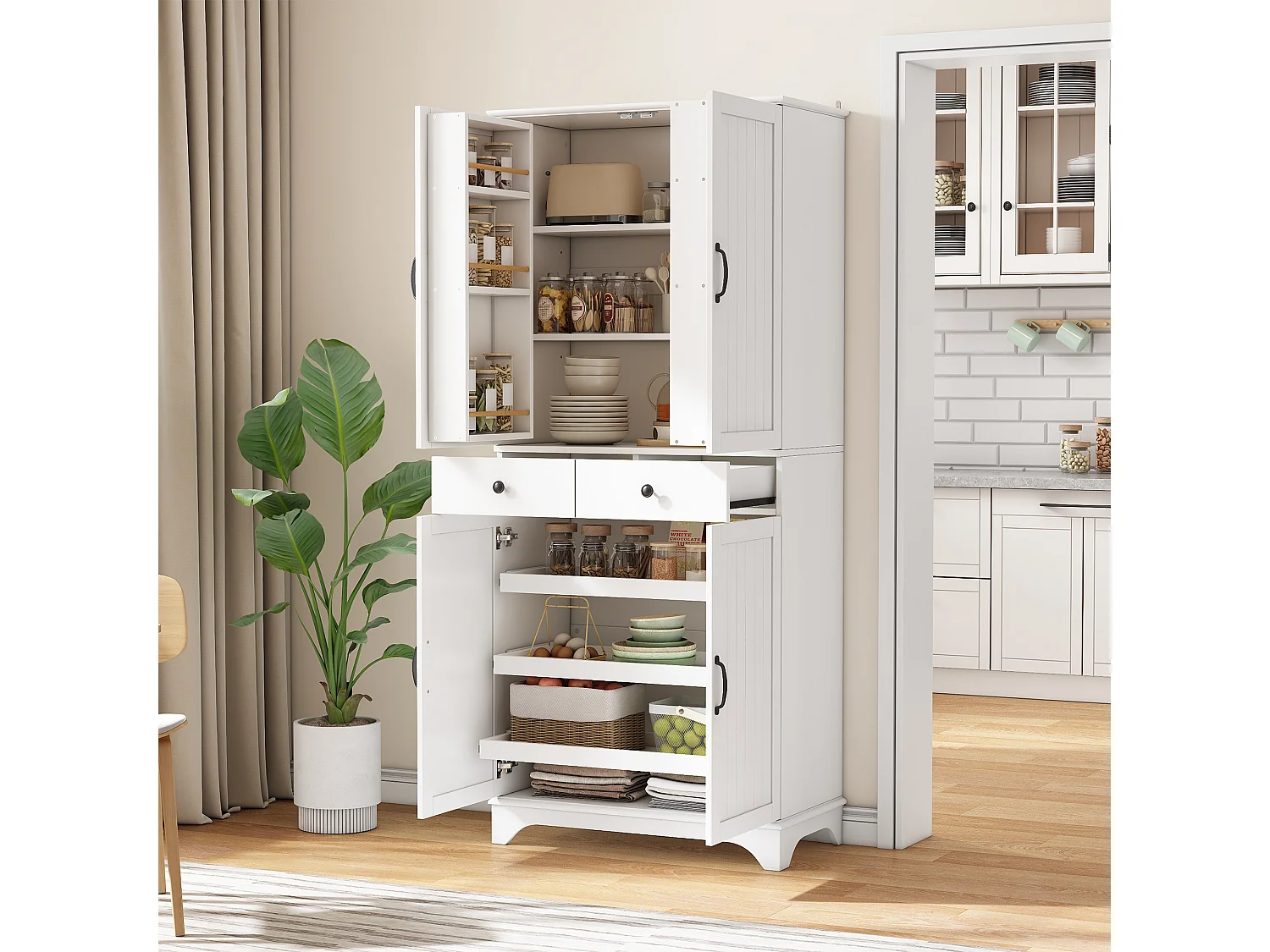 Armoire haute blanc avec 2 tiroirs et étagères coulissantes - Pour salle à manger, salon et cuisine