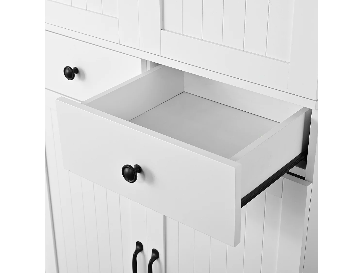 Armoire haute blanc avec 2 tiroirs et étagères coulissantes - Pour salle à manger, salon et cuisine