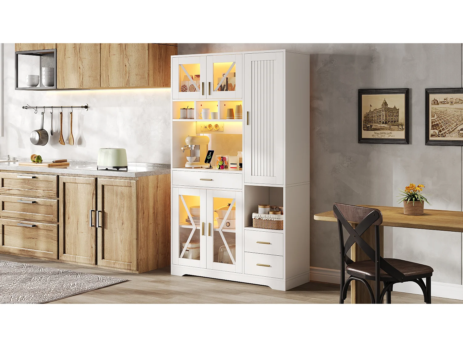 Buffet de cuisine avec étagères réglables, tiroirs, LED et prises - Blanc 105×40×185 cm