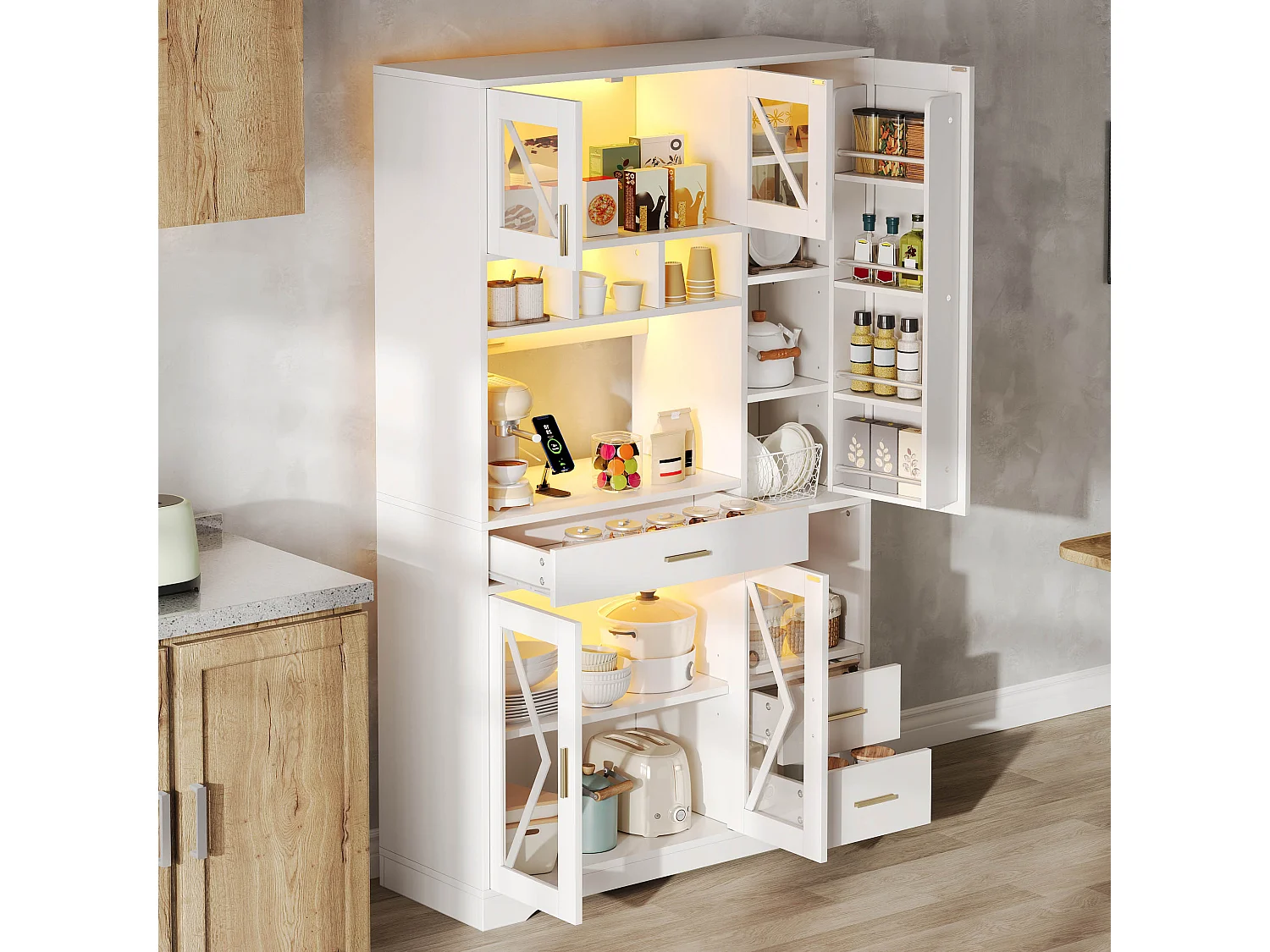 Buffet de cuisine avec étagères réglables, tiroirs, LED et prises - Blanc 105×40×185 cm