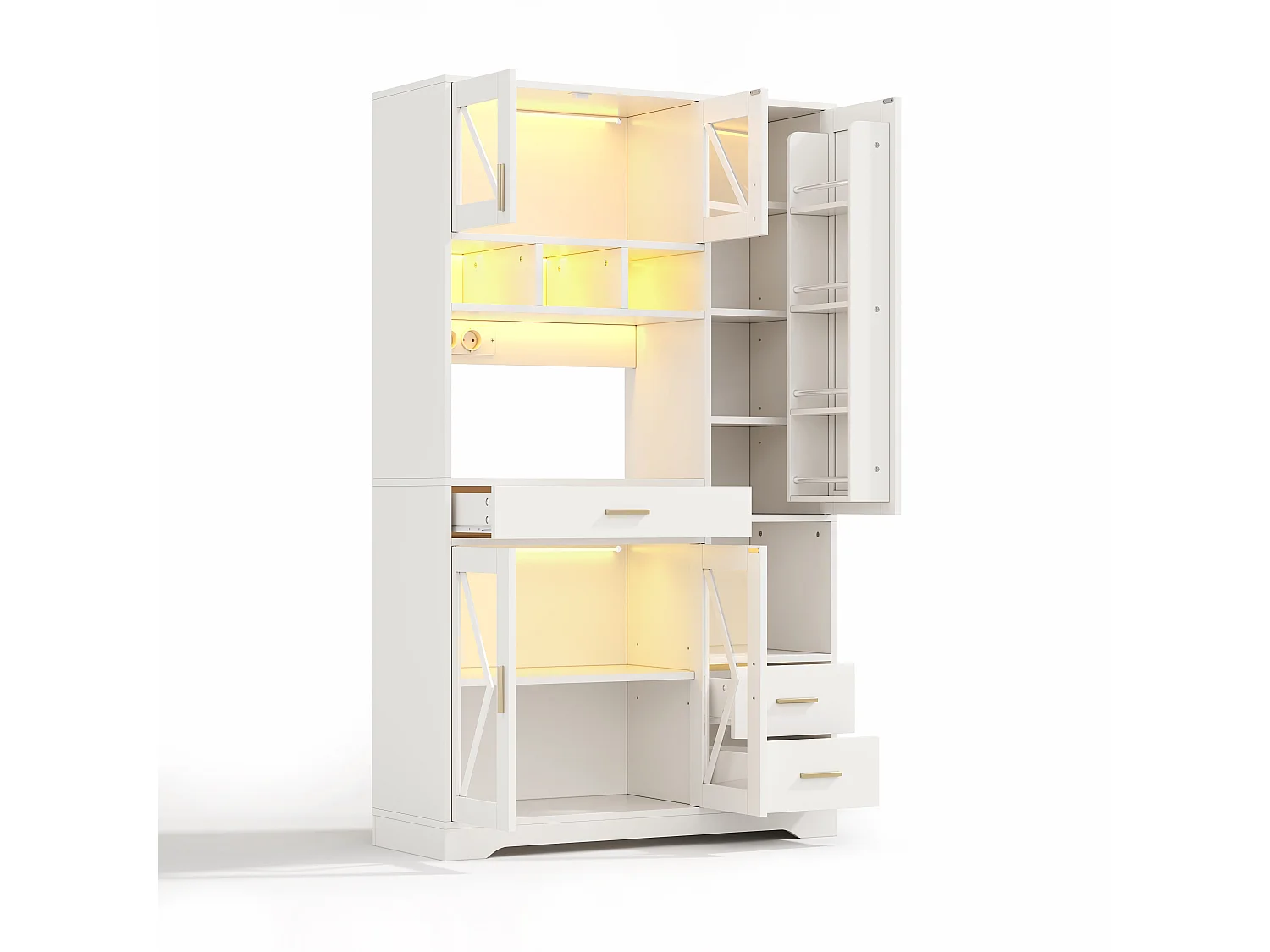 Buffet de cuisine avec étagères réglables, tiroirs, LED et prises - Blanc 105×40×185 cm