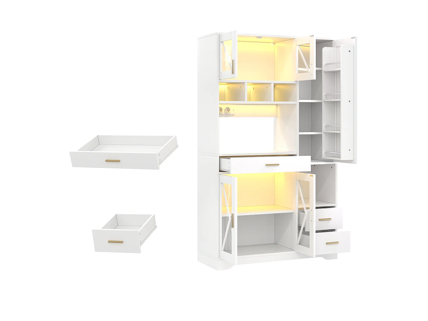 Buffet de cuisine avec étagères réglables, tiroirs, LED et prises - Blanc 105×40×185 cm