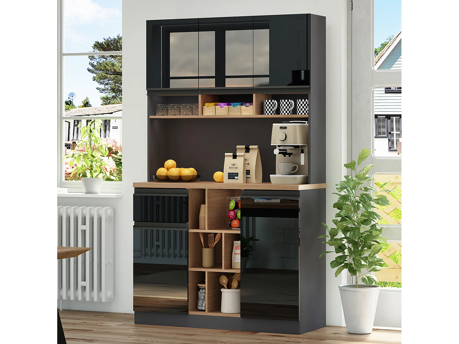 Modern kitchen sideboard 105x45x185cm - 5 doors - adjustable shelves - open storage - black and natural