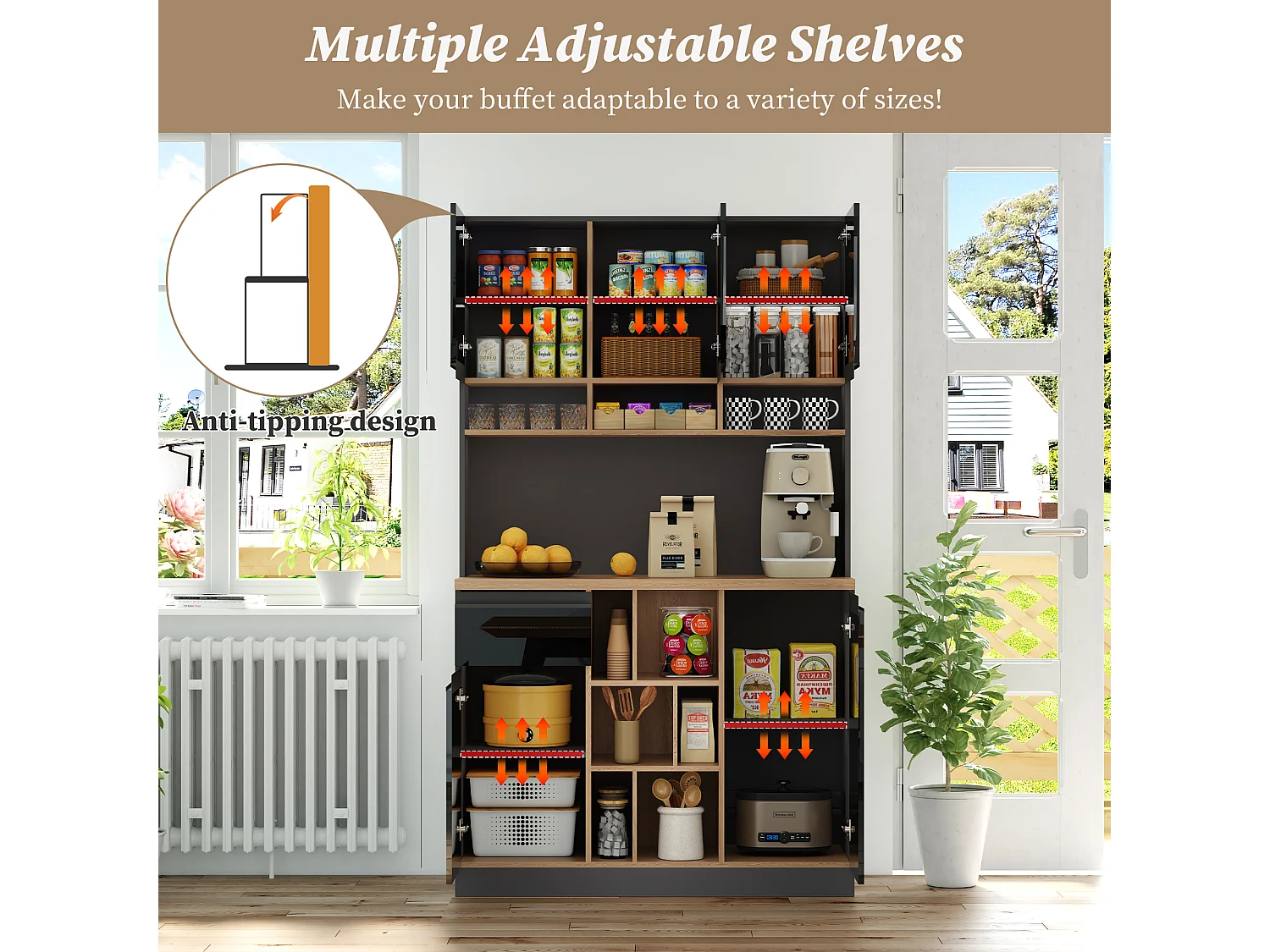 Modern kitchen sideboard 105x45x185cm - 5 doors - adjustable shelves - open storage - black and natural