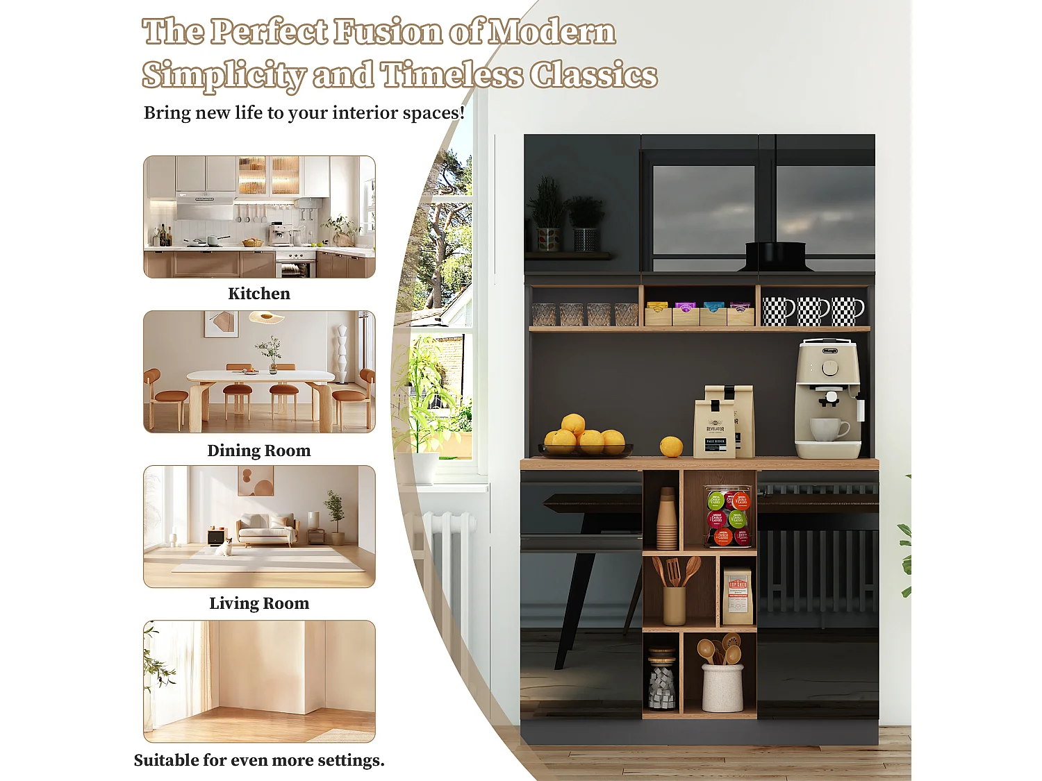 Modern kitchen sideboard 105x45x185cm - 5 doors - adjustable shelves - open storage - black and natural