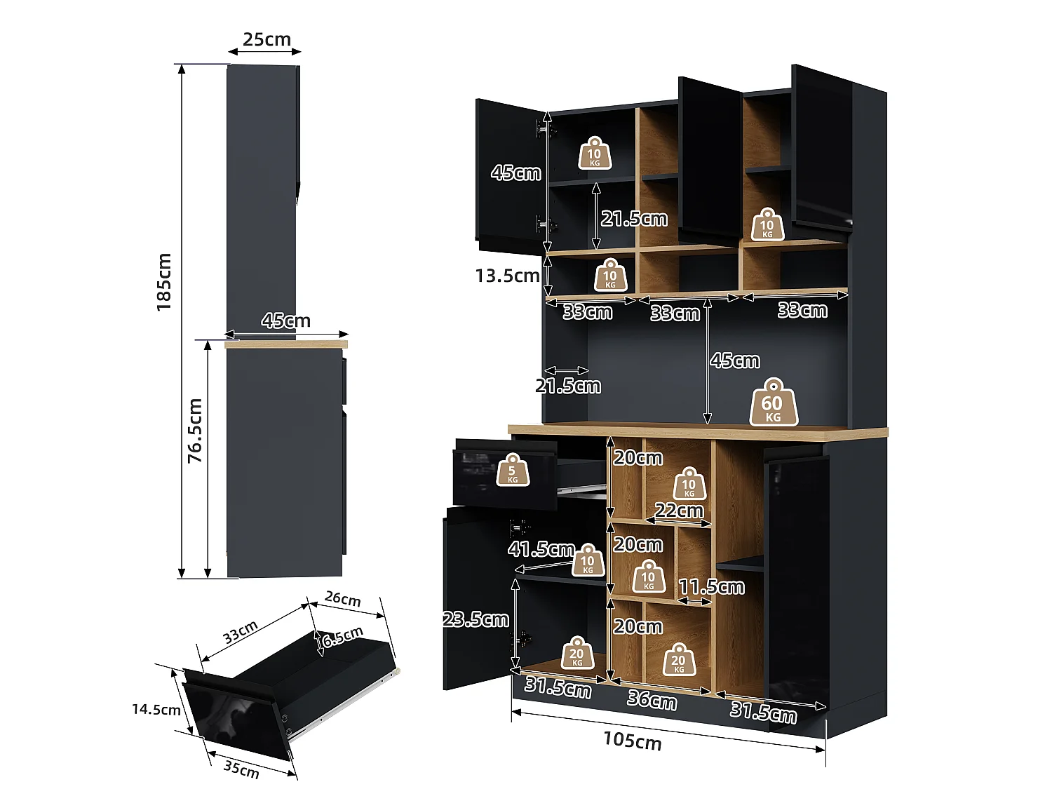 Modern kitchen sideboard 105x45x185cm - 5 doors - adjustable shelves - open storage - black and natural