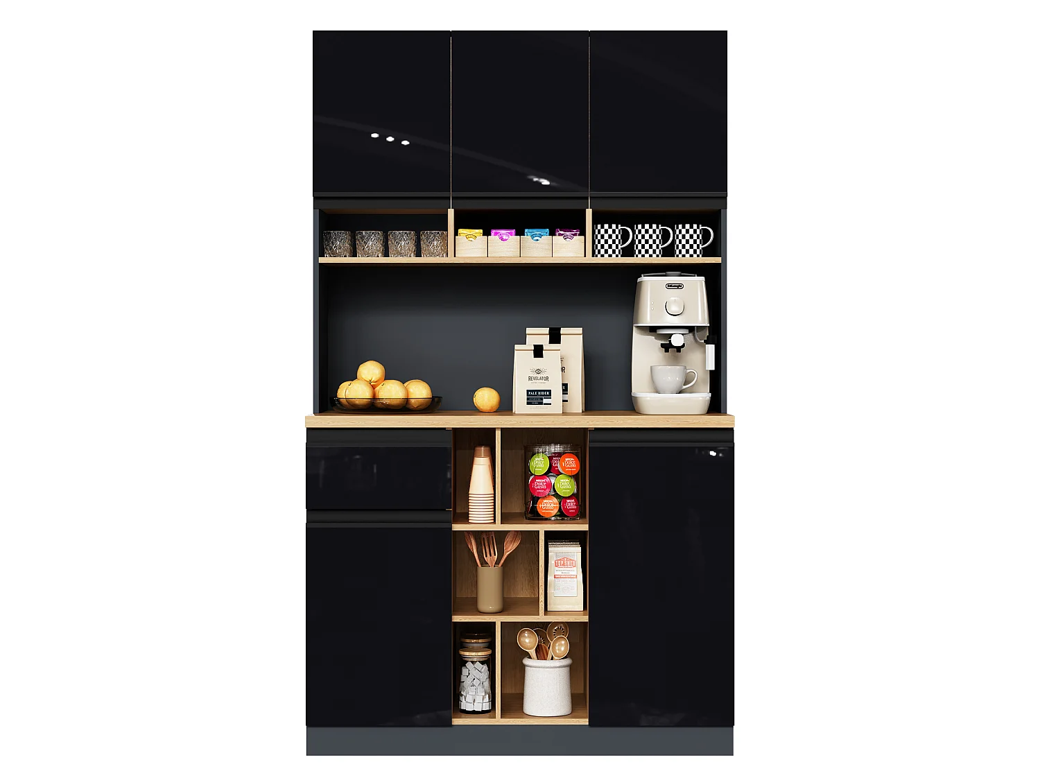 Modern kitchen sideboard 105x45x185cm - 5 doors - adjustable shelves - open storage - black and natural