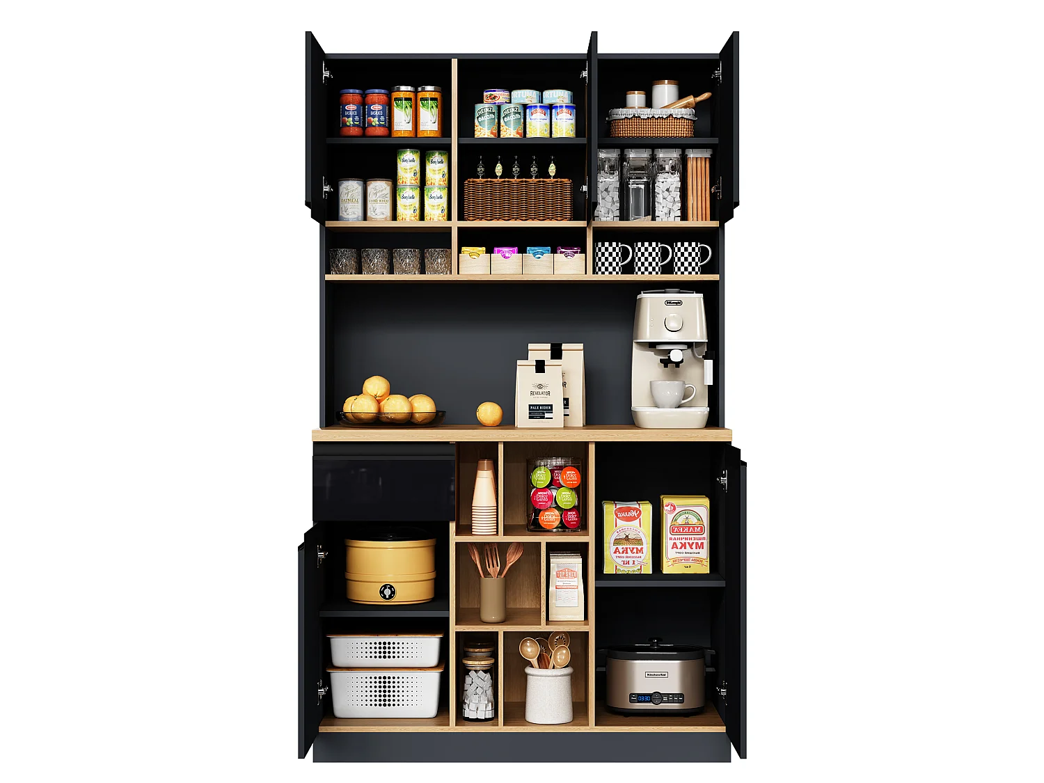Modern kitchen sideboard 105x45x185cm - 5 doors - adjustable shelves - open storage - black and natural