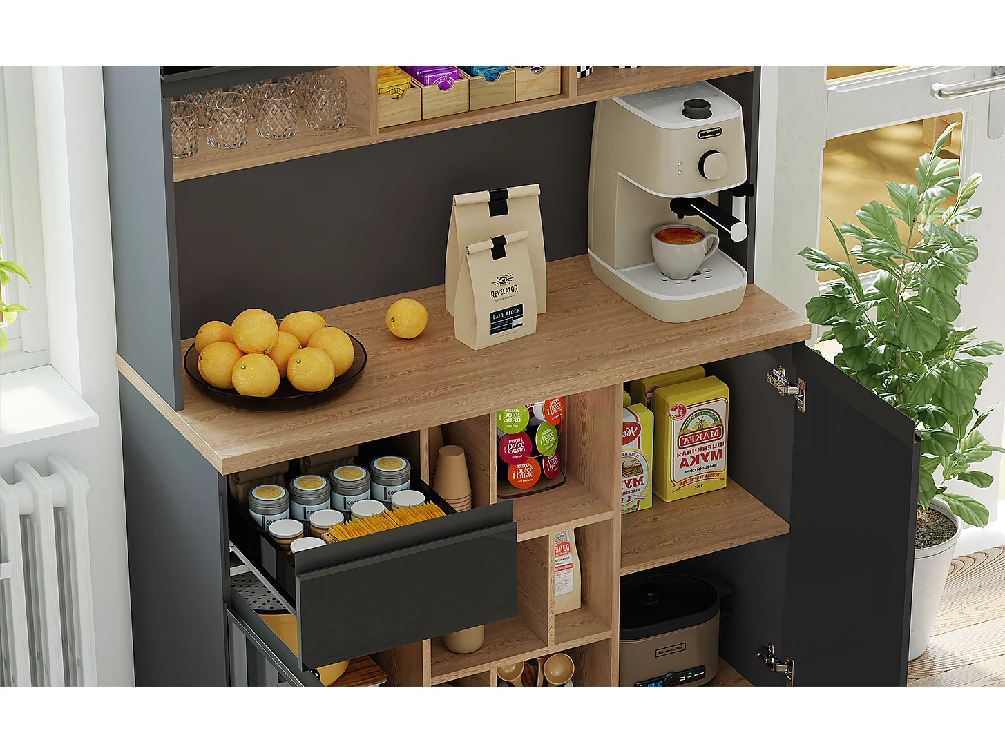 Modern kitchen sideboard 105x45x185cm - 5 doors - adjustable shelves - open storage - black and natural