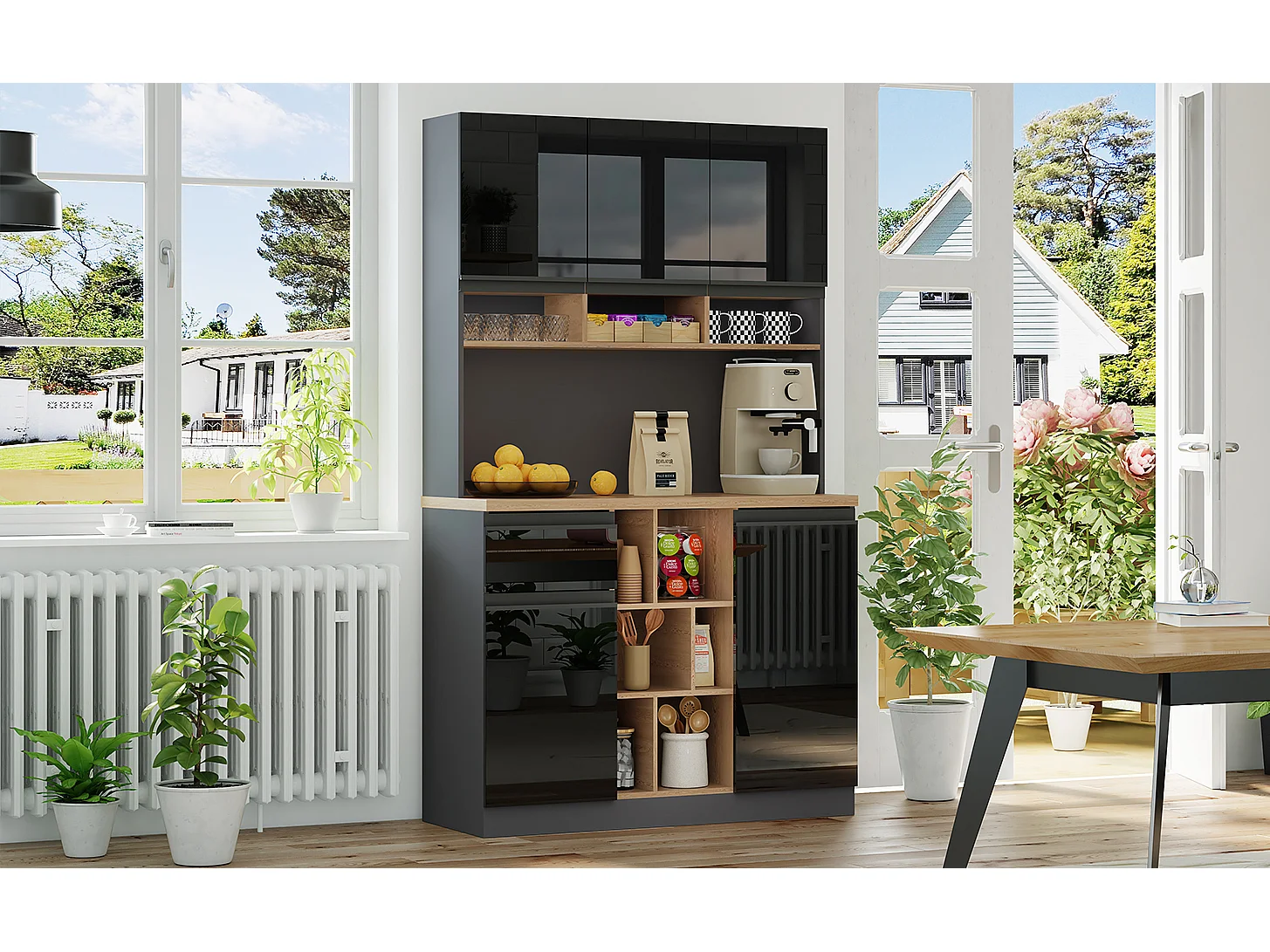 Modern kitchen sideboard 105x45x185cm - 5 doors - adjustable shelves - open storage - black and natural