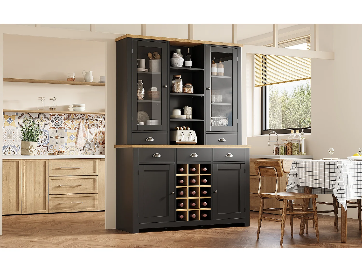 Buffet de cuisine avec portes ,casier à vin et 5 tiroirs - Noir 120x40x185 cm