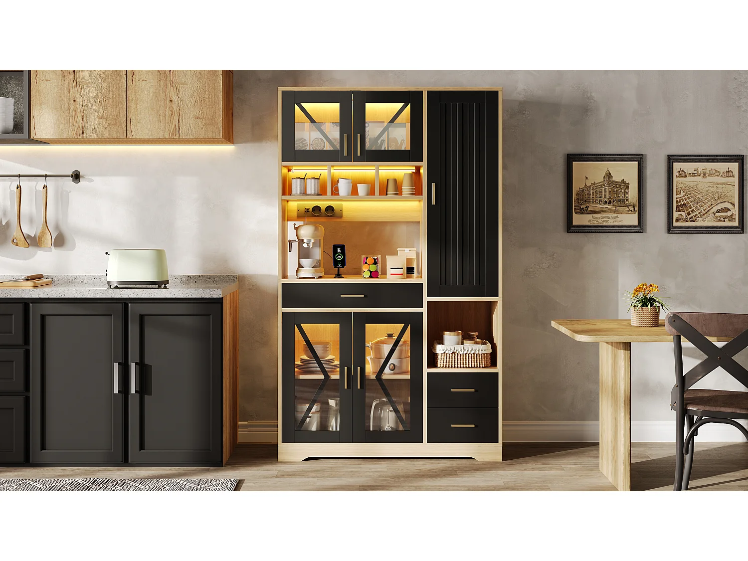 Buffet de cuisine avec étagères réglables, tiroirs, LED et prises - Couleur bois et noir 105×40×185 cm