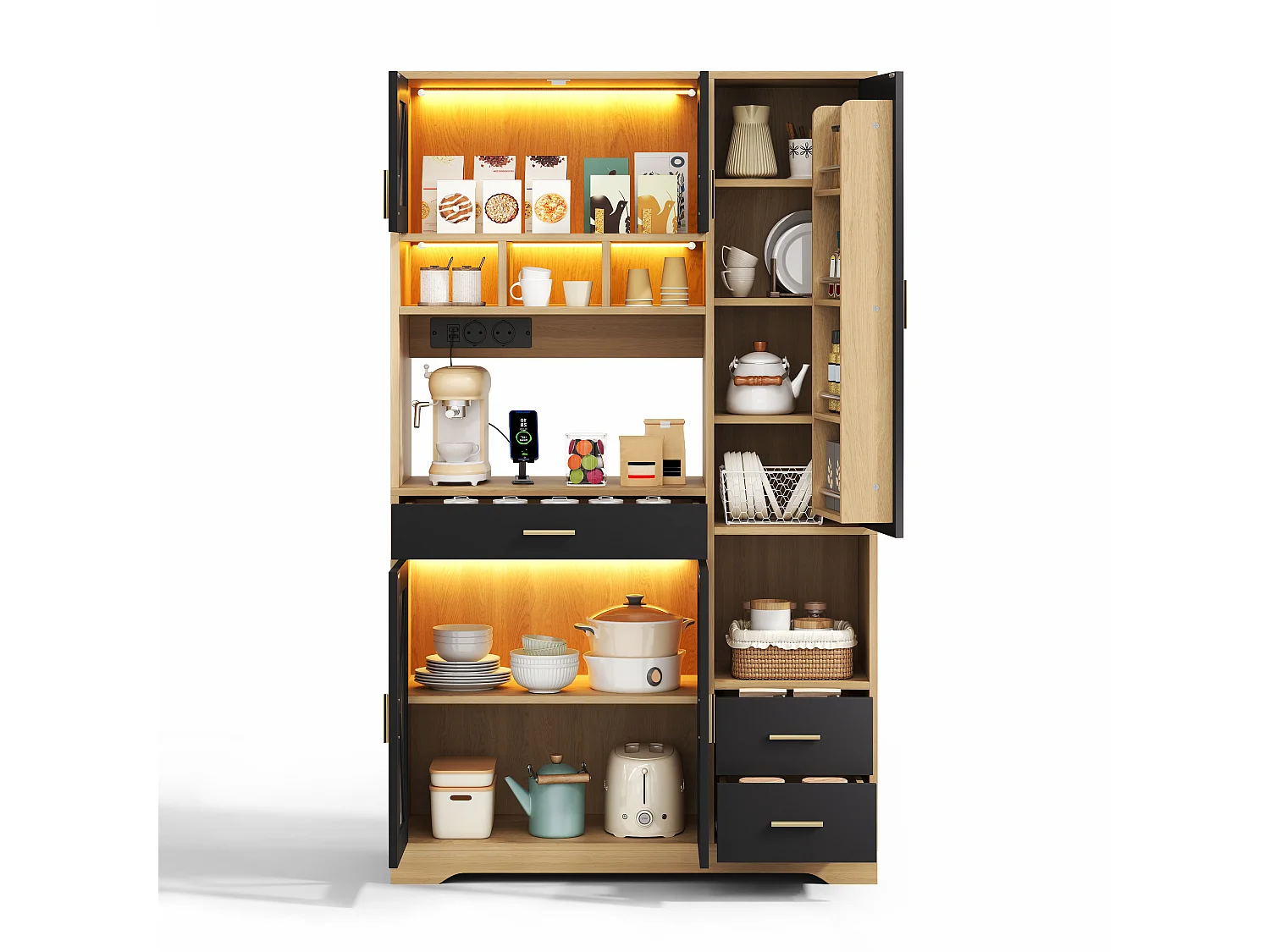 Buffet de cuisine avec étagères réglables, tiroirs, LED et prises - Couleur bois et noir 105×40×185 cm