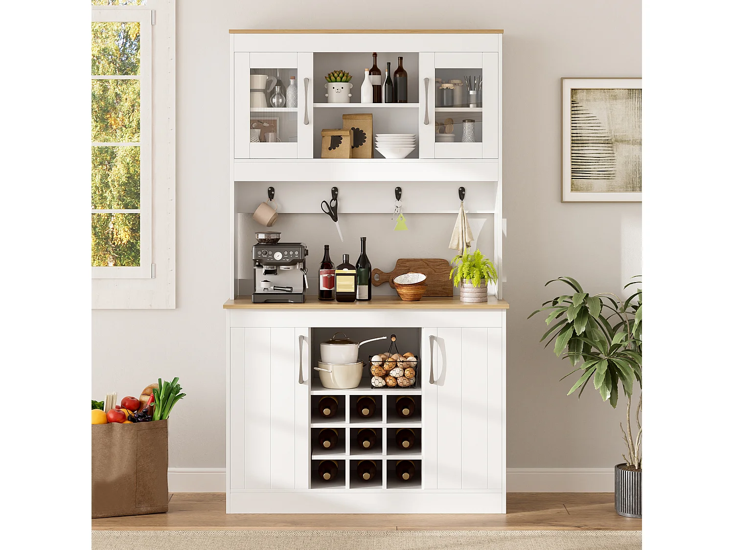 Buffet de cuisine avec porte-bouteilles et barre à crochets - Blanc et bois