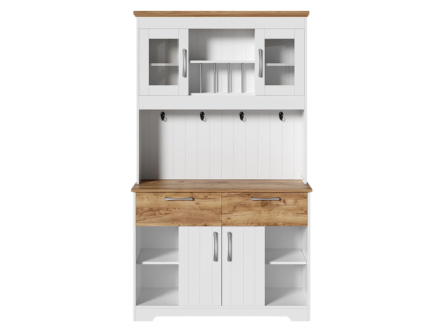 Buffet de cuisine avec 2 tiroirs, 4 portes et porte-crochets – Blanc et bois 106 × 39 × 176,5 cm