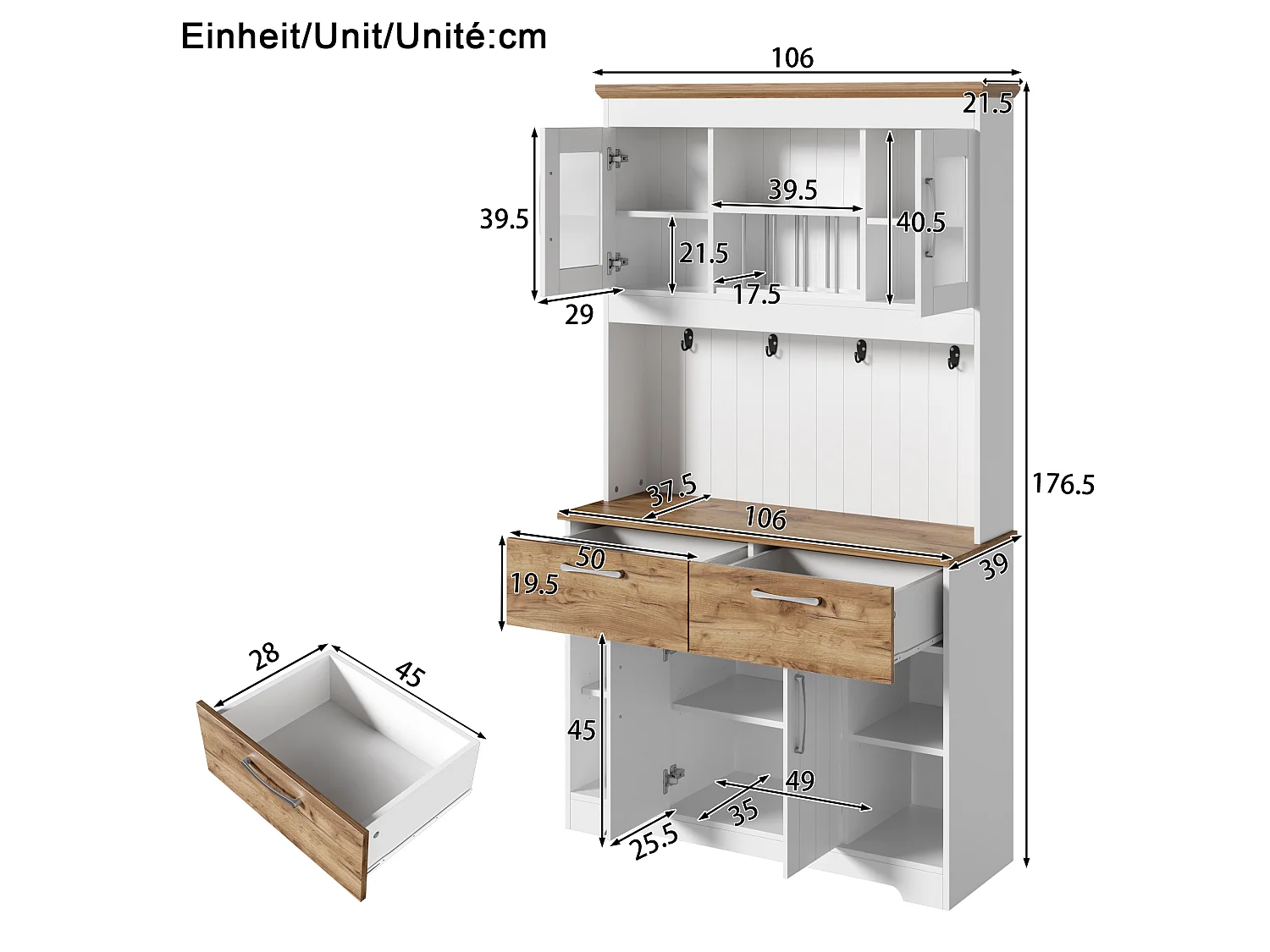 Buffet de cuisine avec 2 tiroirs, 4 portes et porte-crochets – Blanc et bois 106 × 39 × 176,5 cm