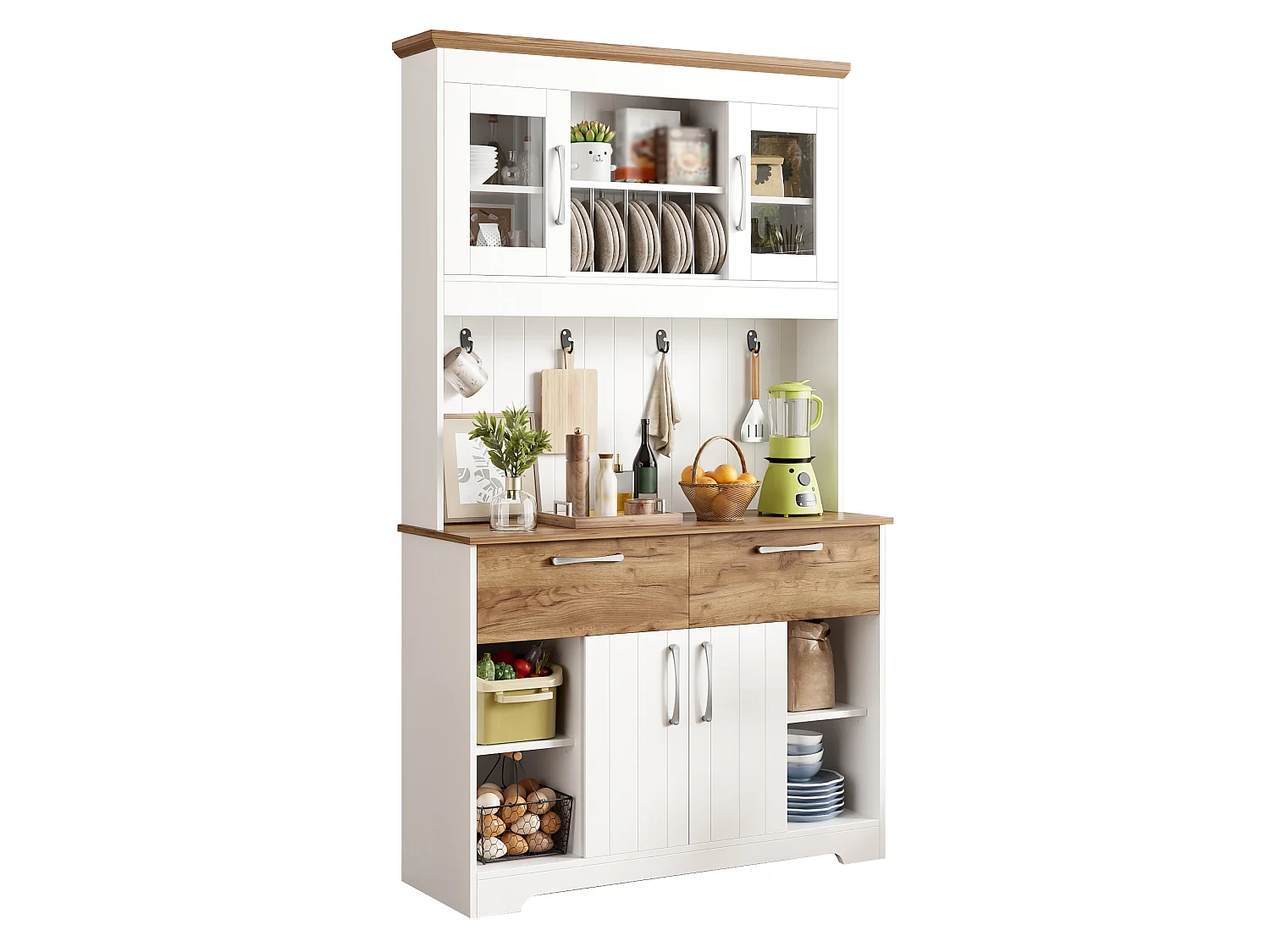 Buffet de cuisine avec 2 tiroirs, 4 portes et porte-crochets – Blanc et bois 106 × 39 × 176,5 cm