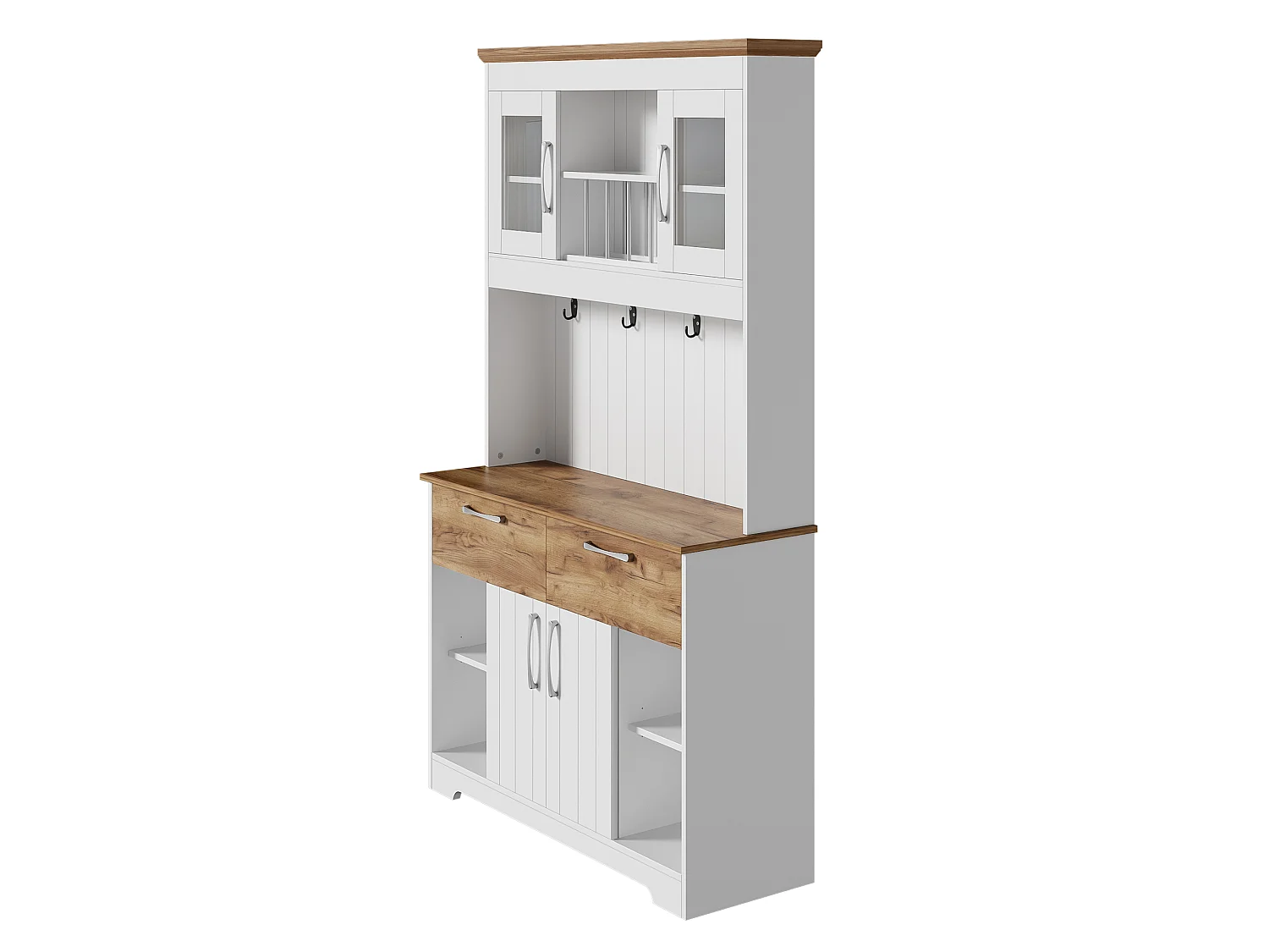 Buffet de cuisine avec 2 tiroirs, 4 portes et porte-crochets – Blanc et bois 106 × 39 × 176,5 cm