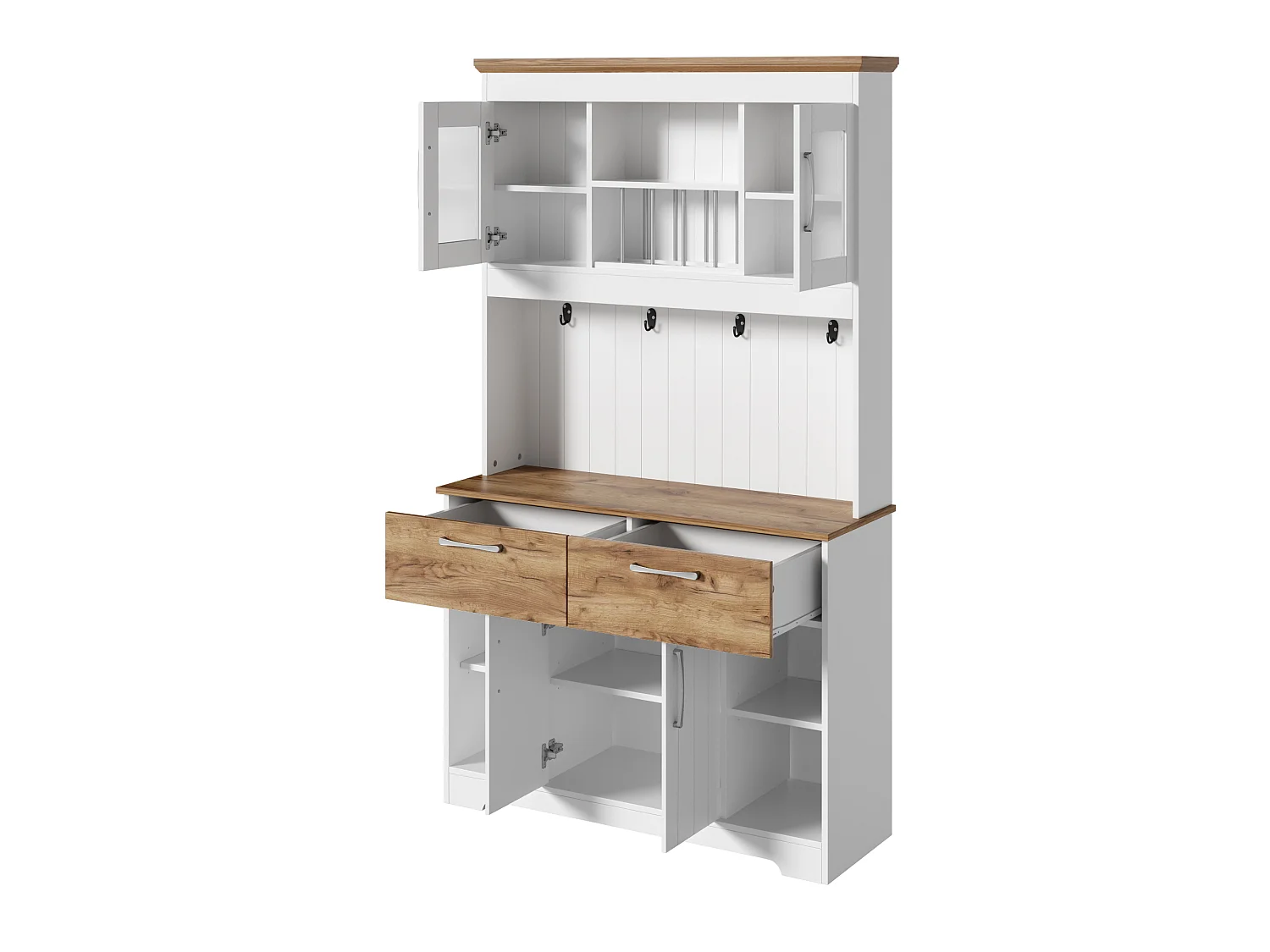 Buffet de cuisine avec 2 tiroirs, 4 portes et porte-crochets – Blanc et bois 106 × 39 × 176,5 cm