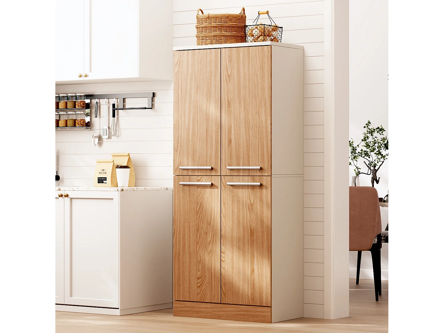 Armoire de cuisine haute avec 4 portes et étagères réglables - Couleur bois et blanc