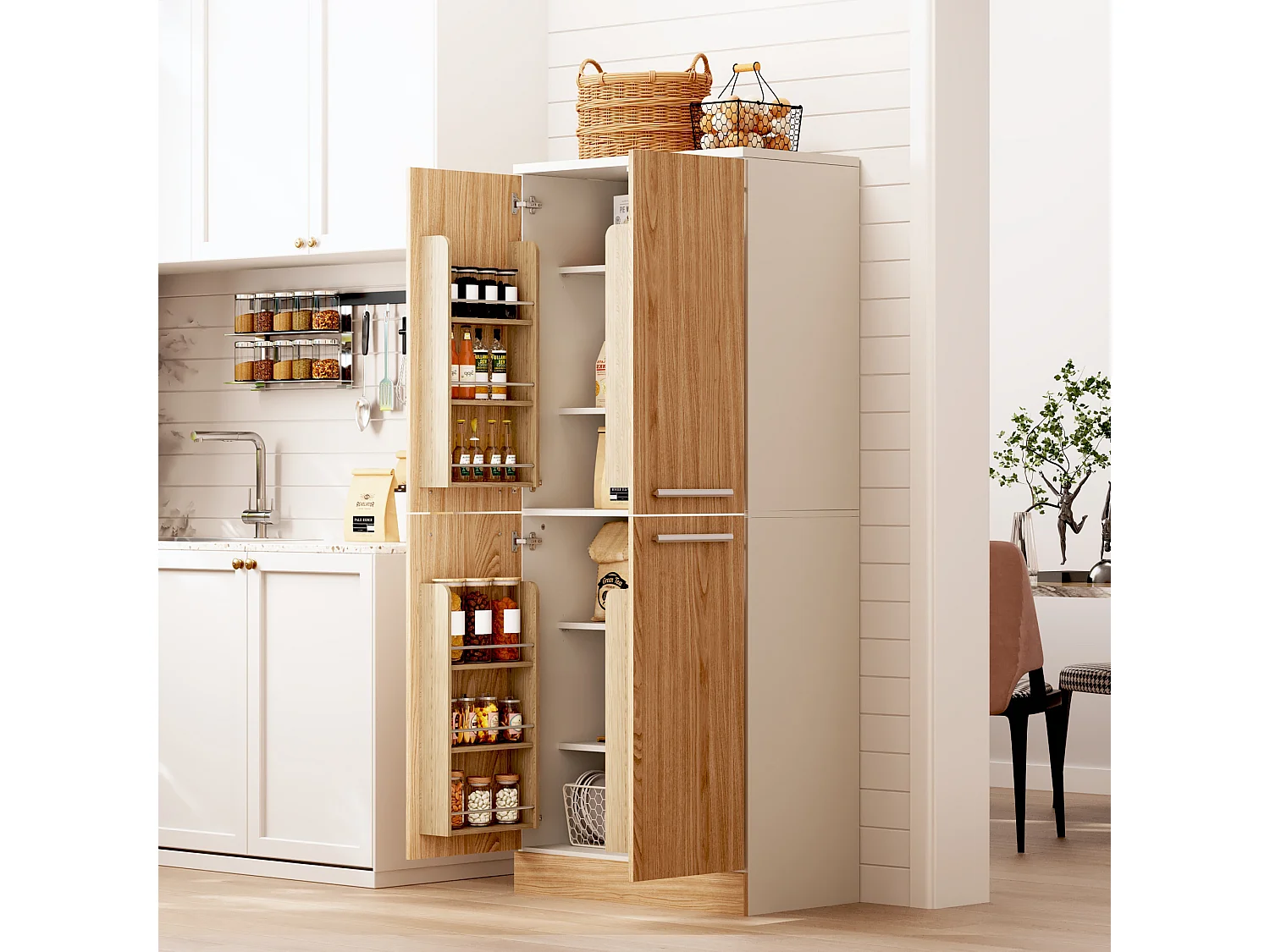 Armoire de cuisine haute avec 4 portes et étagères réglables - Couleur bois et blanc
