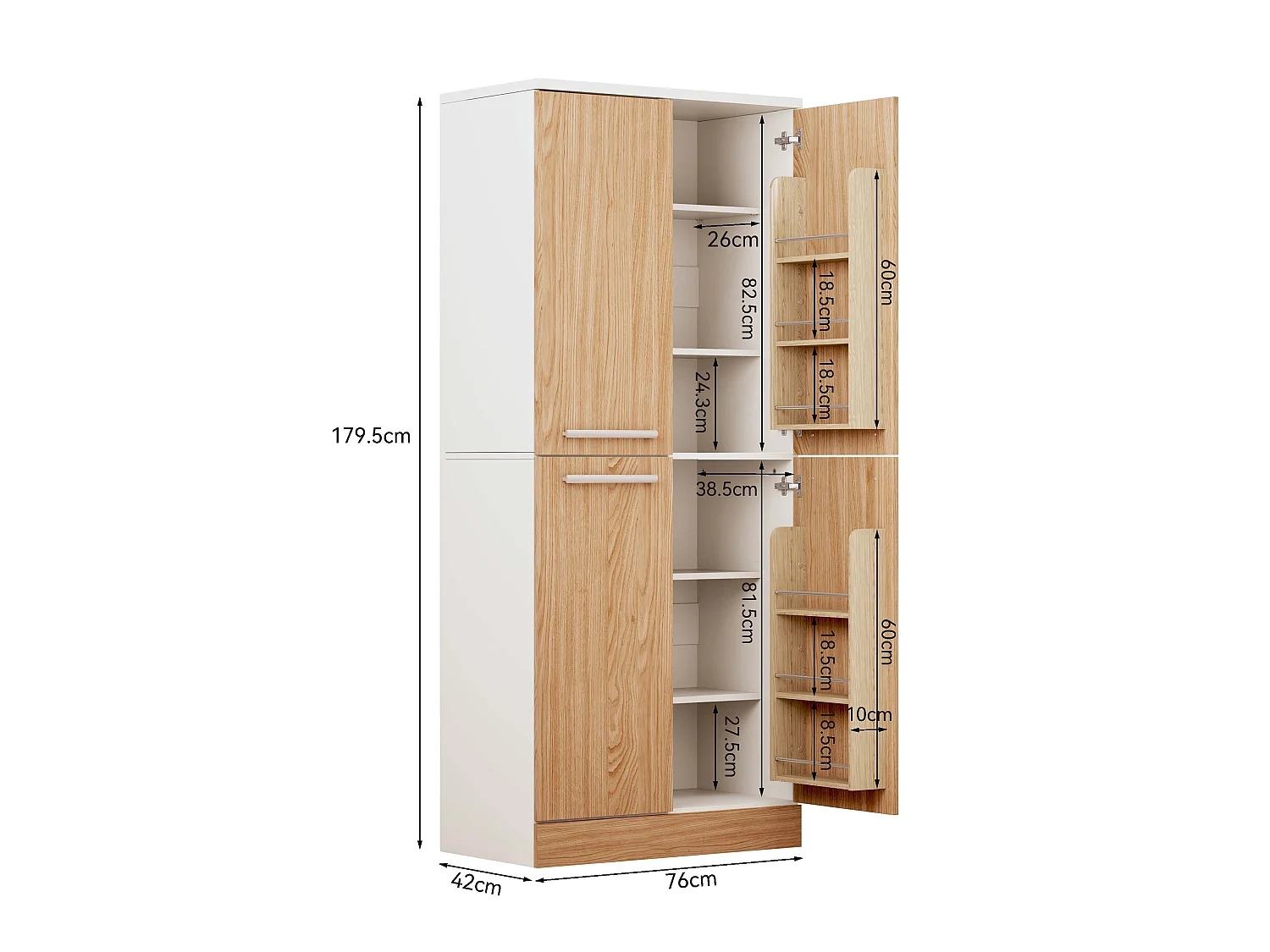 Armoire de cuisine haute avec 4 portes et étagères réglables - Couleur bois et blanc