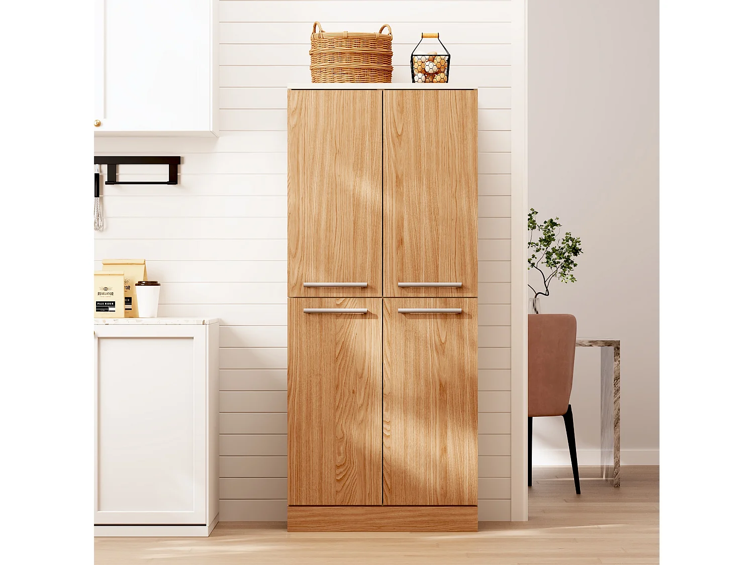 Armoire de cuisine haute avec 4 portes et étagères réglables - Couleur bois et blanc