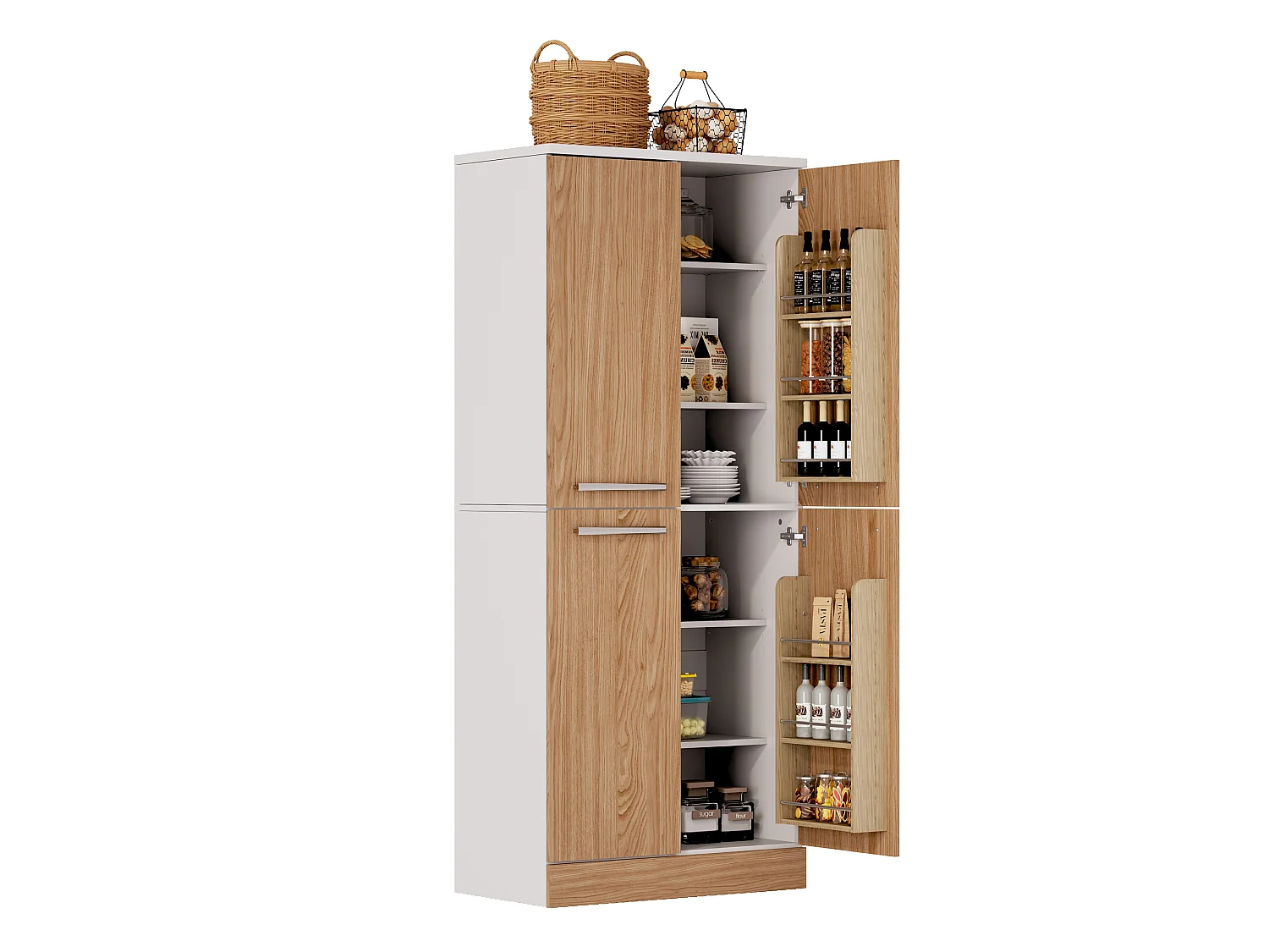 Armoire de cuisine haute avec 4 portes et étagères réglables - Couleur bois et blanc