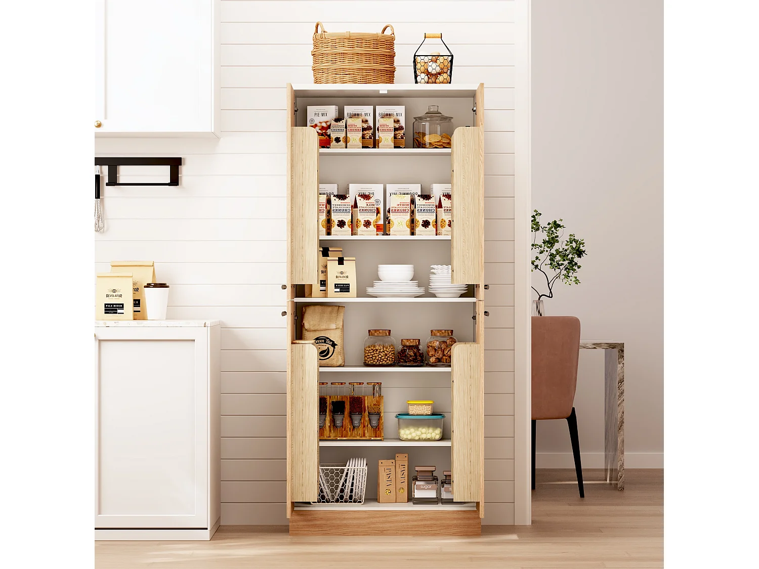 Armoire de cuisine haute avec 4 portes et étagères réglables - Couleur bois et blanc