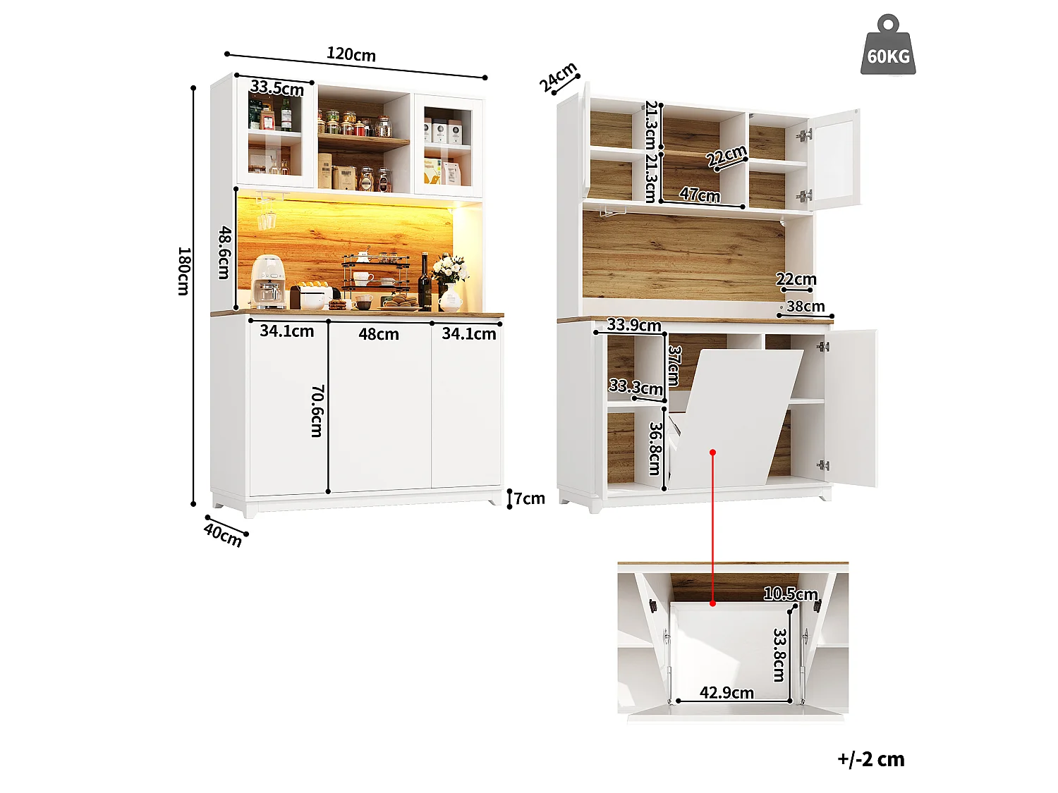 Großer Küchenschrank / Vitrinenschrank 120x40x180 cm - mit Acryl-Türen, LED-Beleuchtung - Weiß