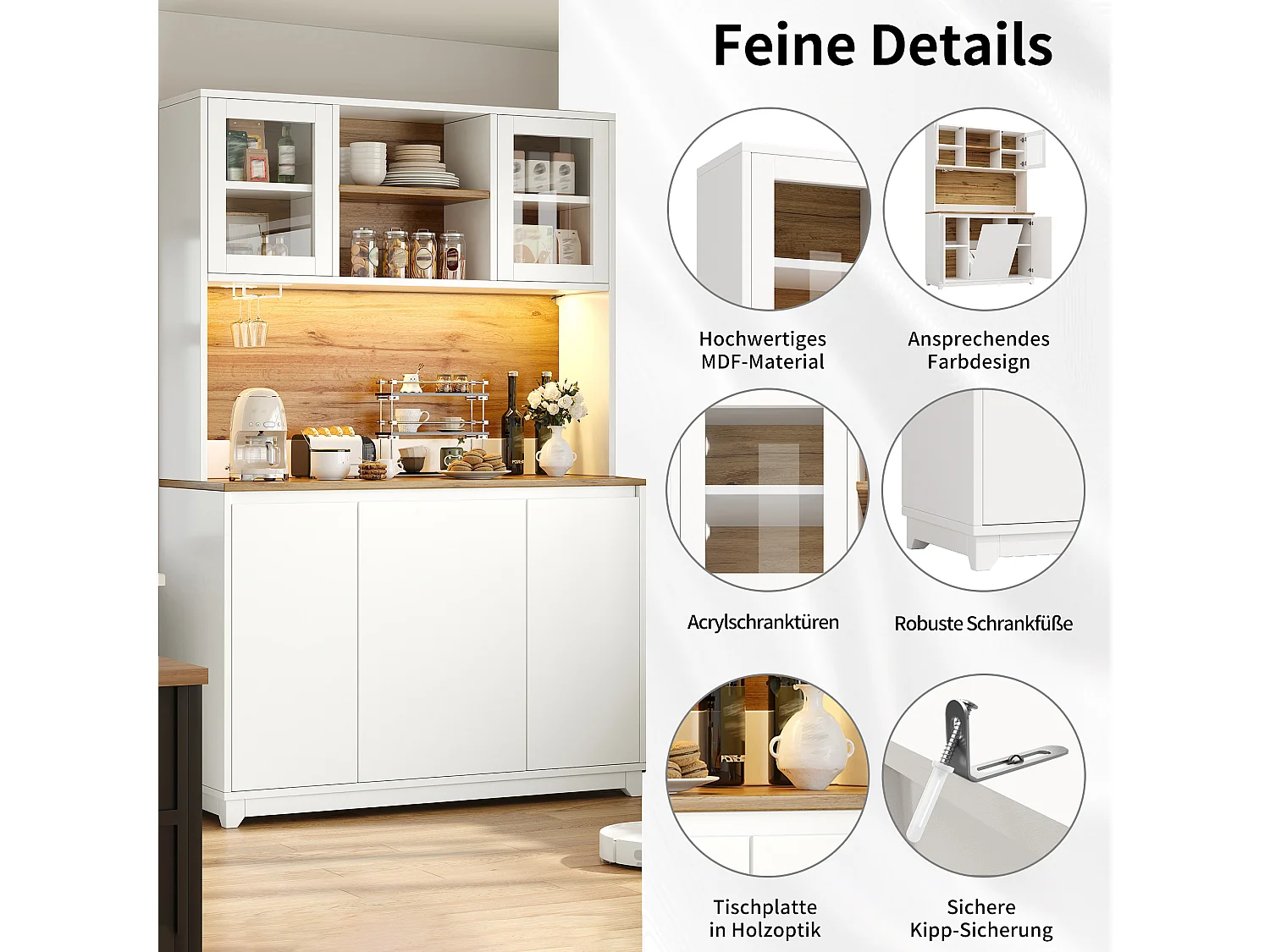 Großer Küchenschrank / Vitrinenschrank 120x40x180 cm - mit Acryl-Türen, LED-Beleuchtung - Weiß